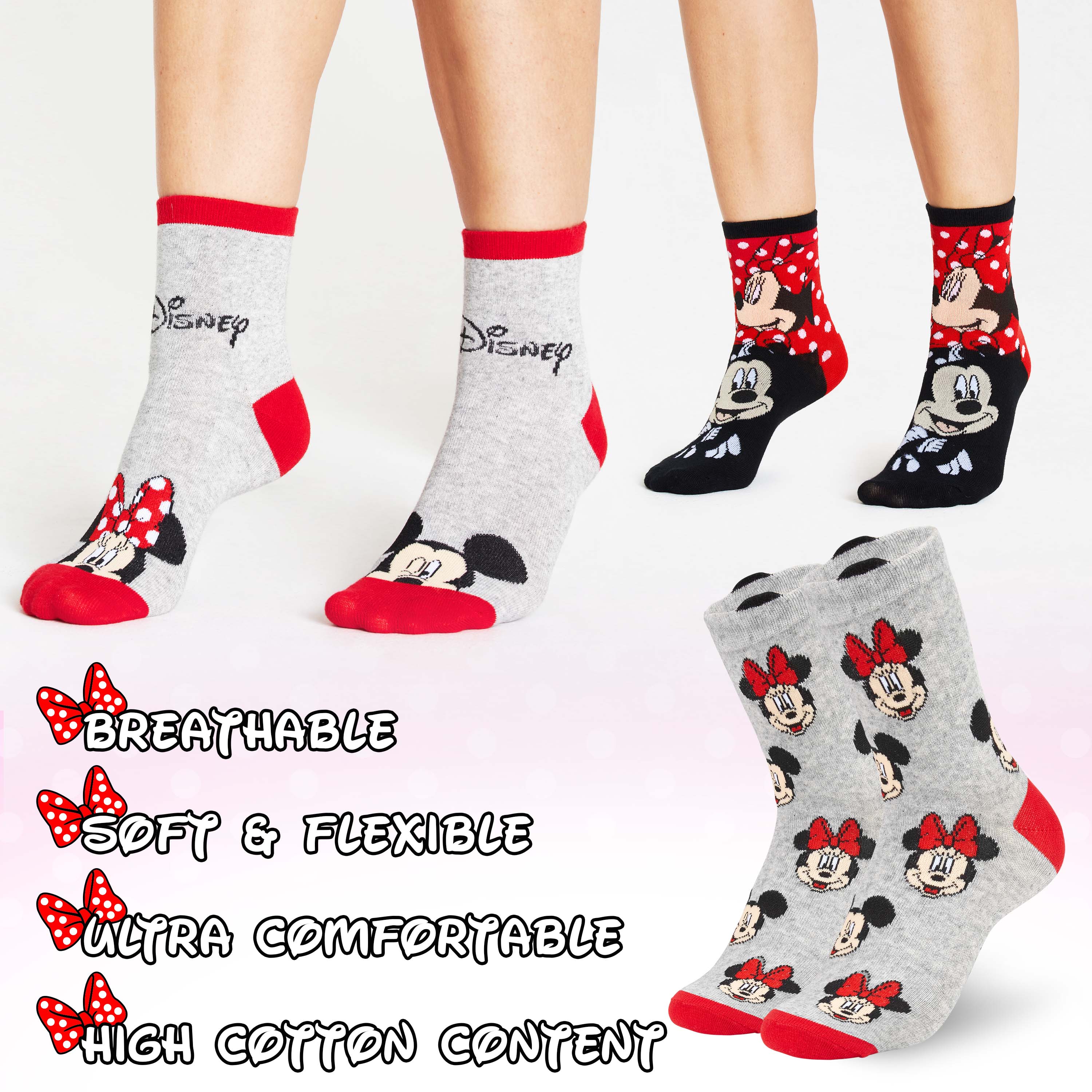Disney Womens Socks, Red&Grey 5 Pairs Minnie & Mickey Ladies Socks - Image 6