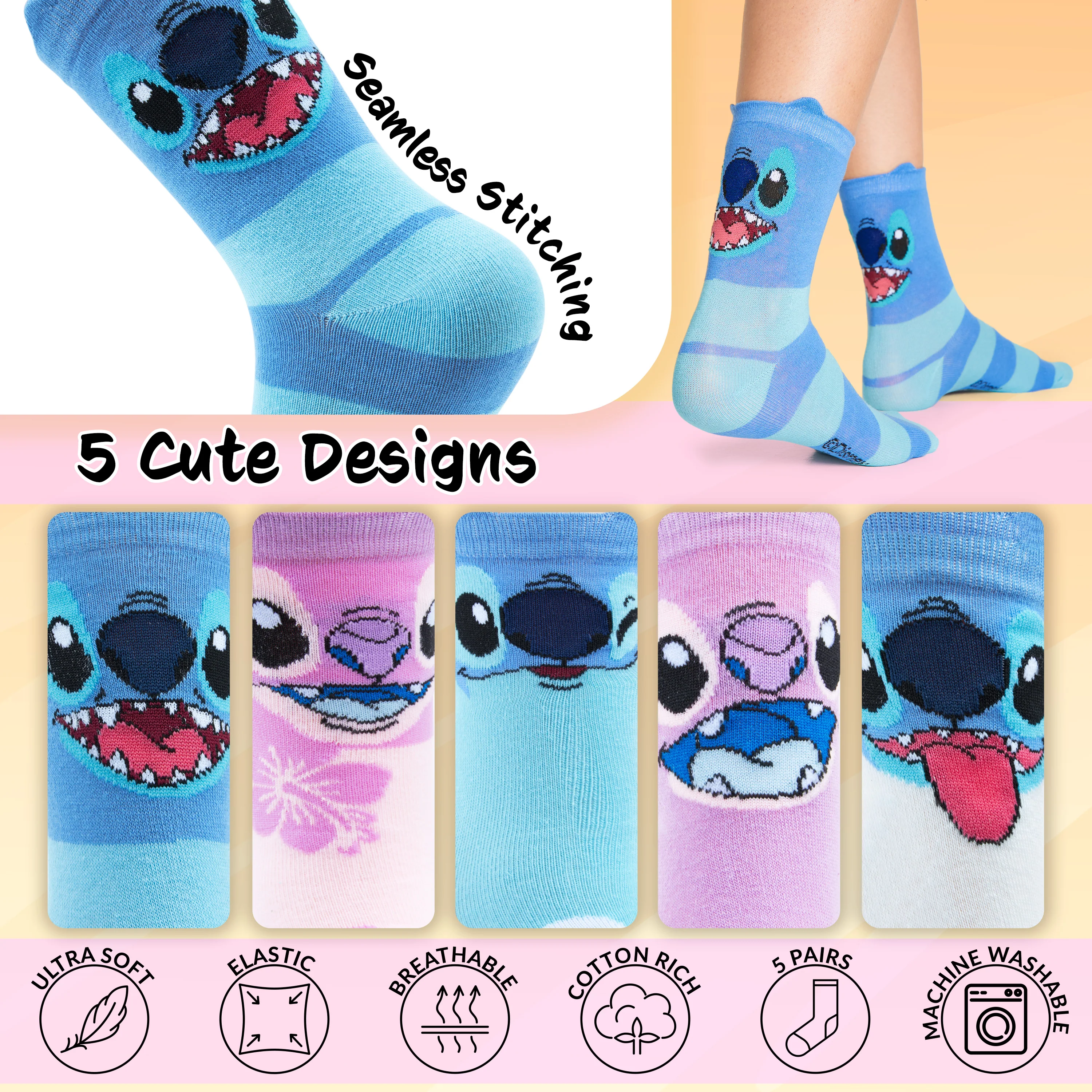 Disney Womens Socks, Stitch 5 Pack Crew Socks, Stitch Gifts (Pink/Blue) - Image 3