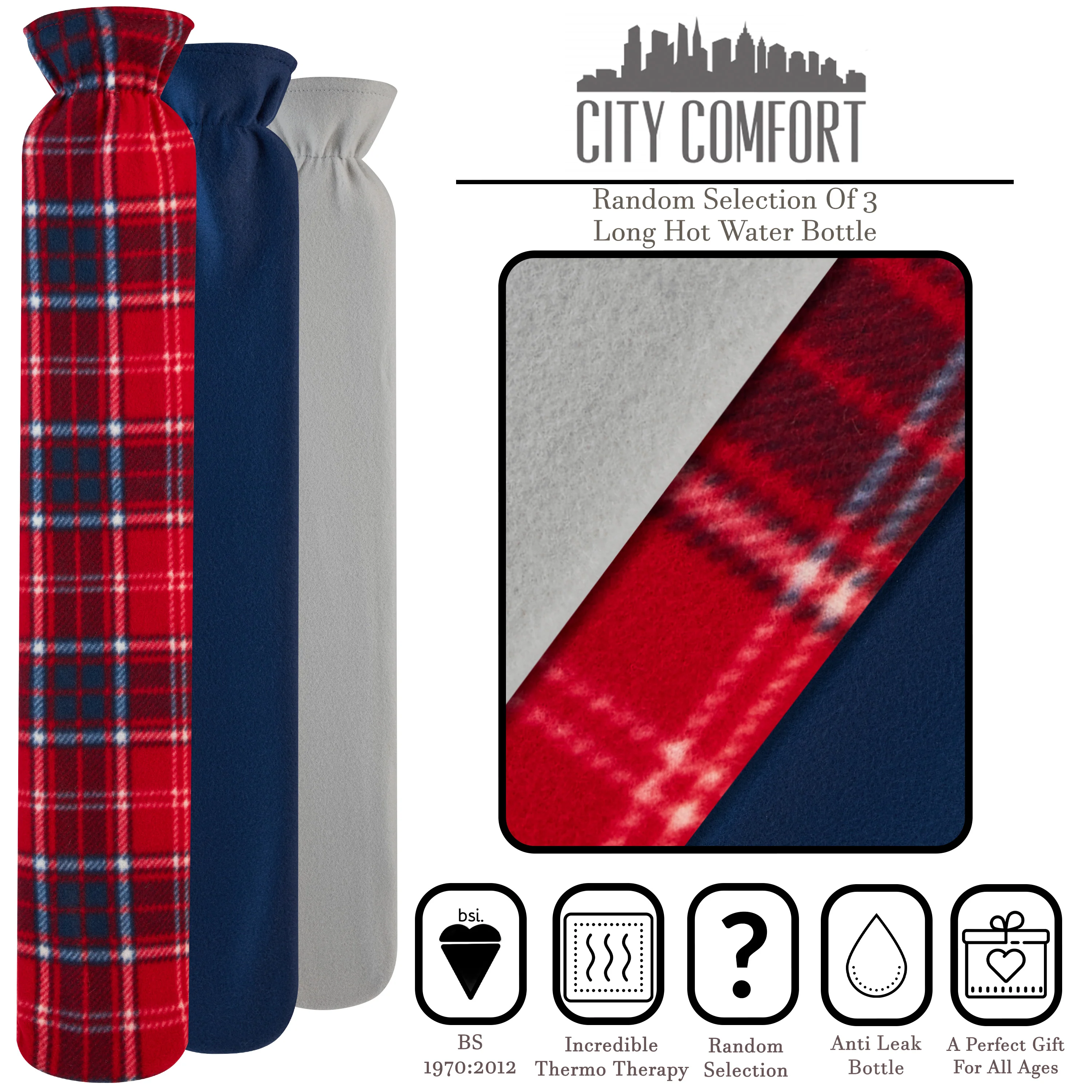 Extra Long Hot Water Bottle with Soft Fleece Cover - Random Selection - Image 2
