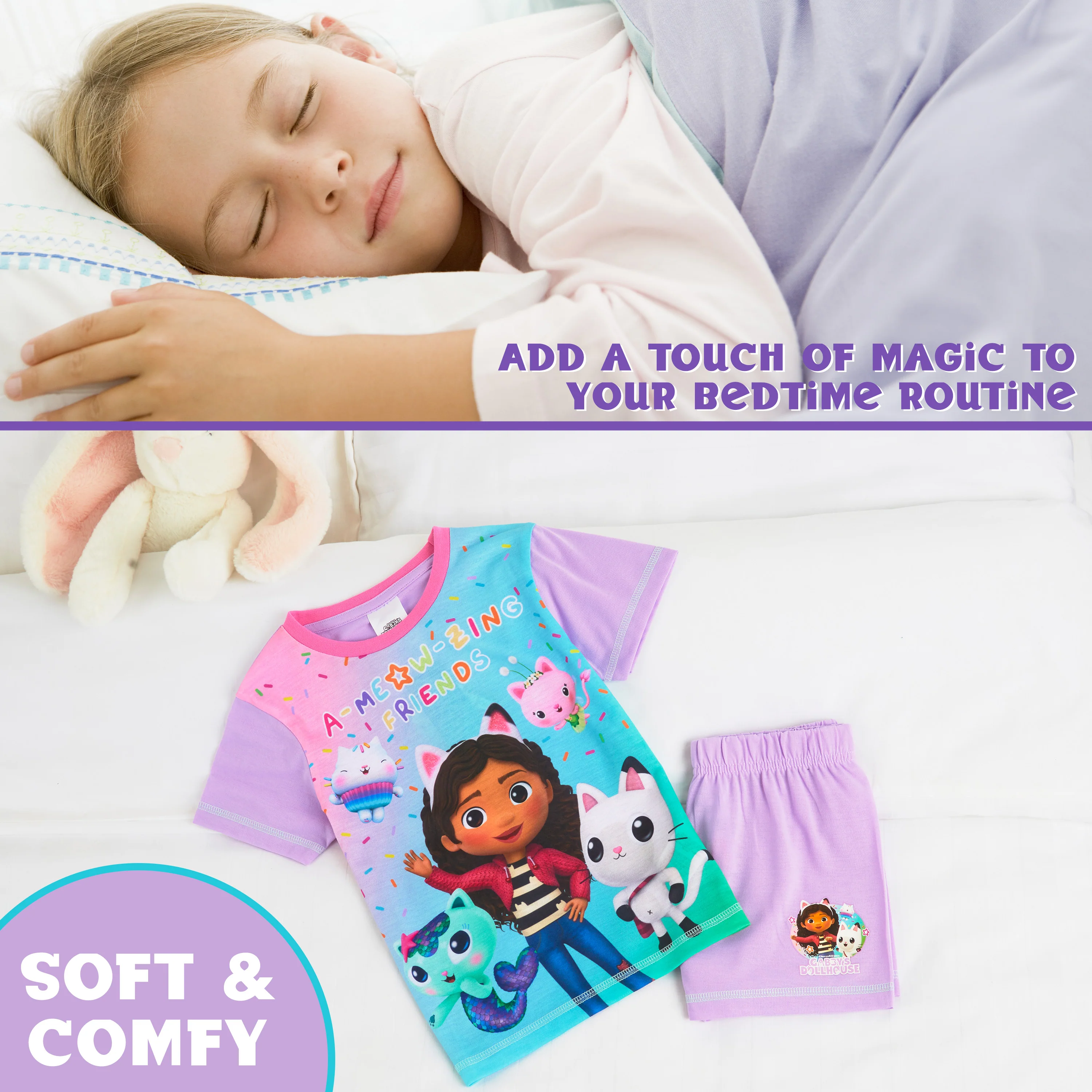 Gabby's Dollhouse Girls Short Pyjamas Set, Breathable Loungewear - Purple/Multi - Image 4