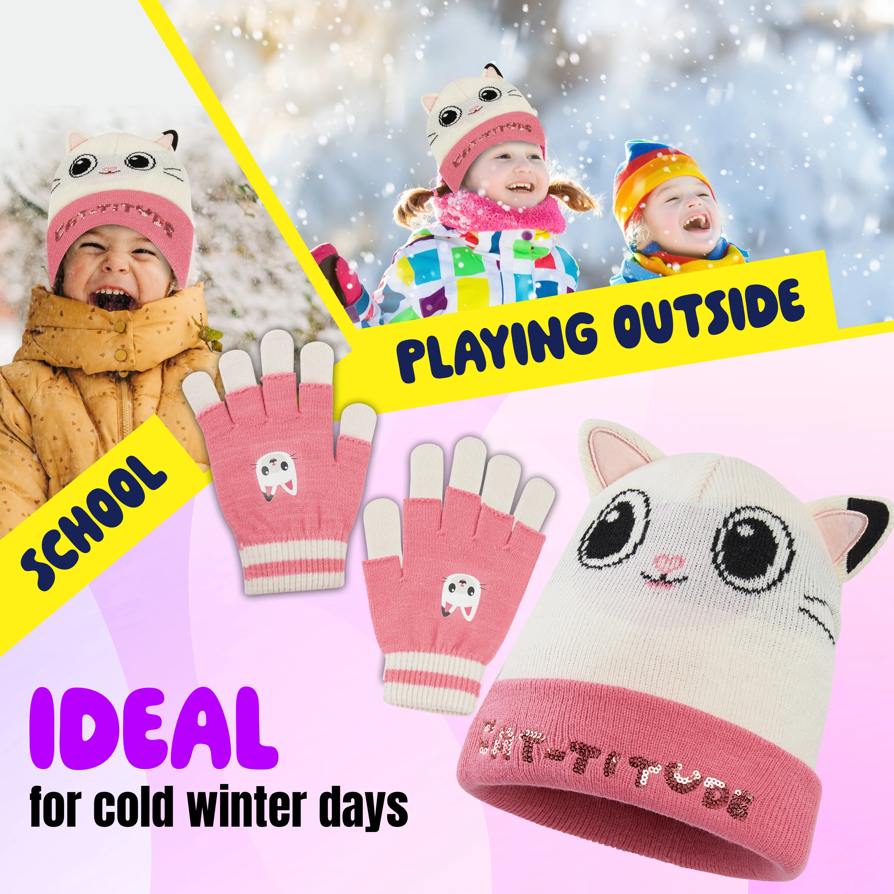 Gabby's Dollhouse Girls Winter Accessories Set Beanie Hat and Gloves Girls Gifts - Image 4