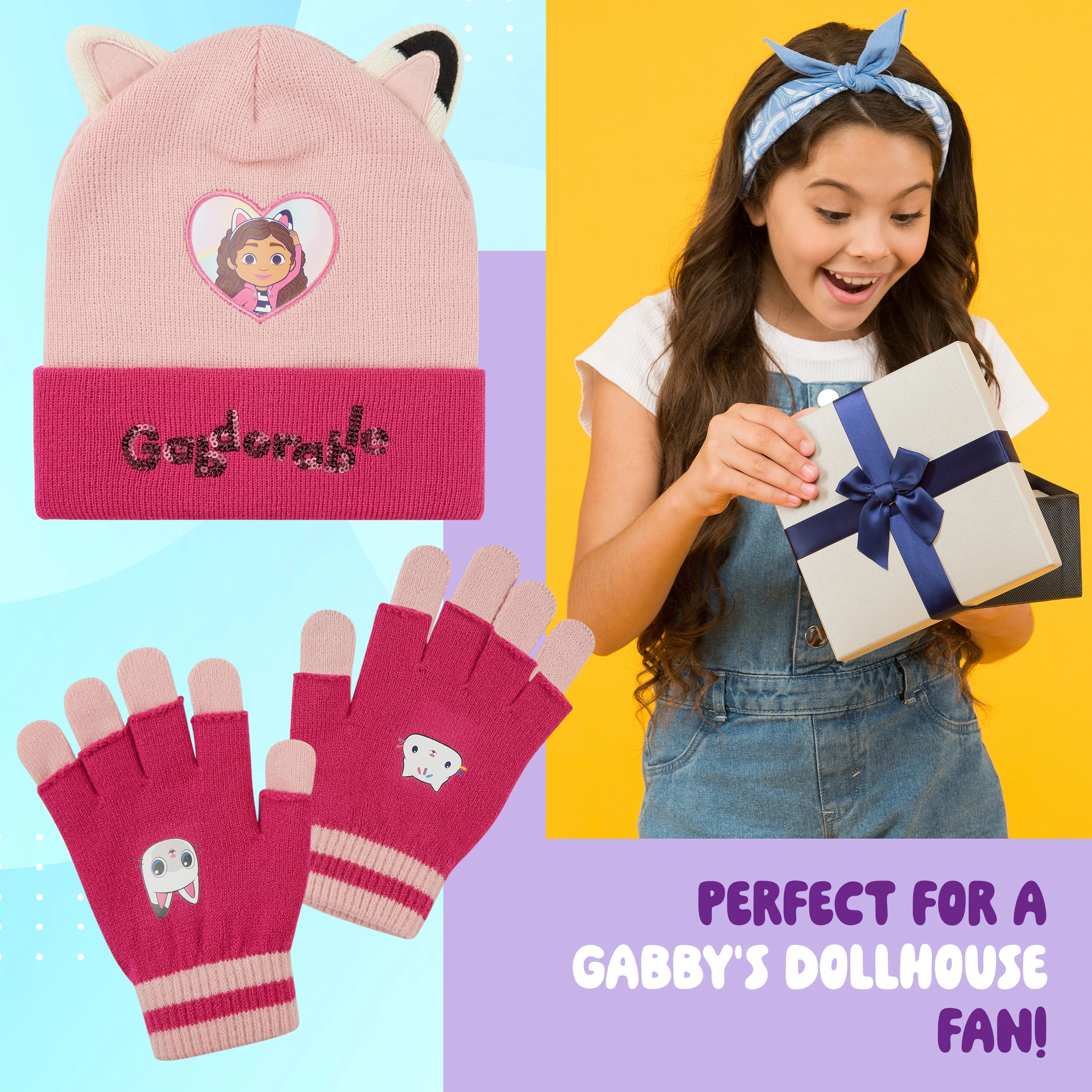 Gabby's Dollhouse Girls Winter Accessories Set Beanie Hat and Gloves Girls Gifts - Image 3