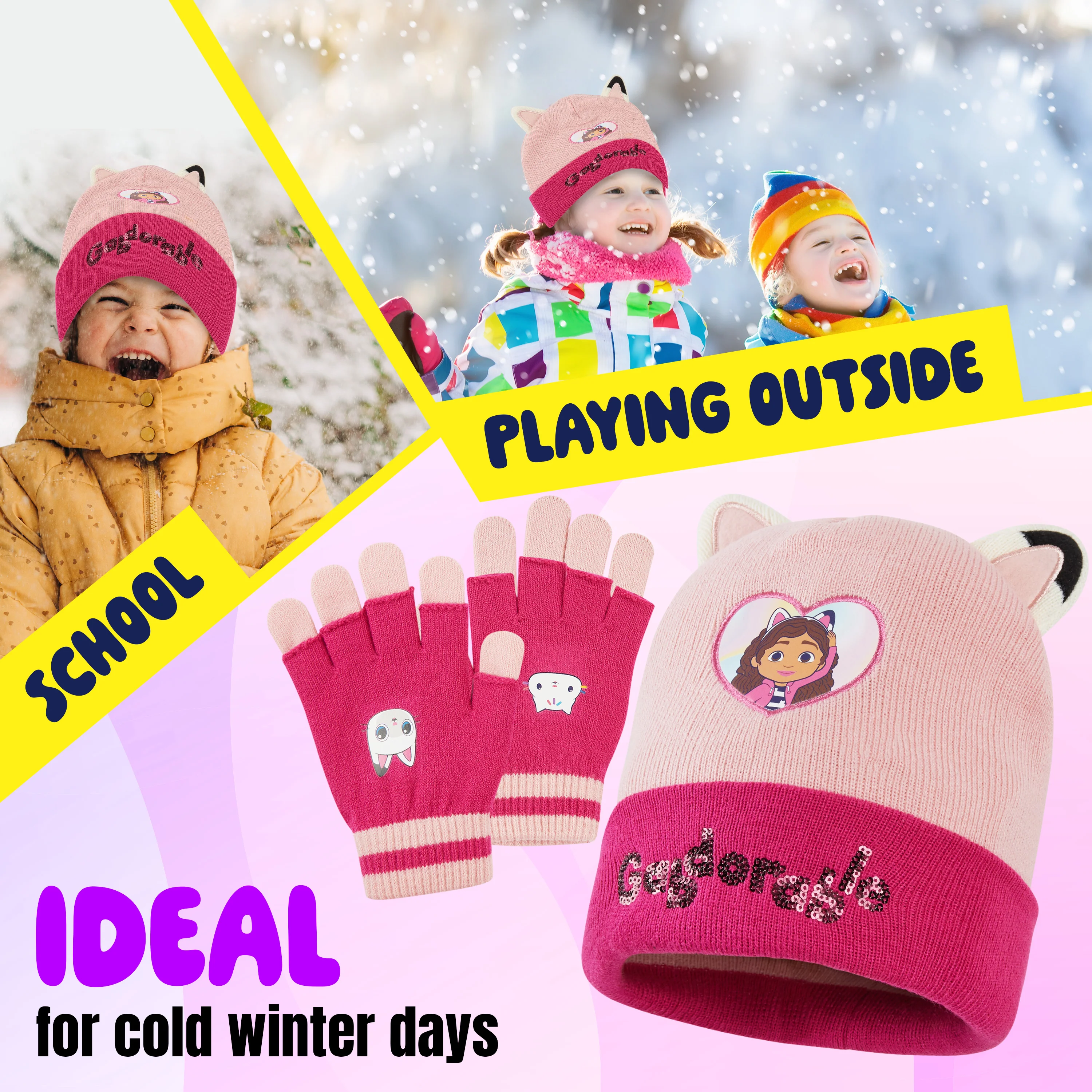 Gabby's Dollhouse Girls Winter Accessories Set Beanie Hat and Gloves Girls Gifts - Image 4