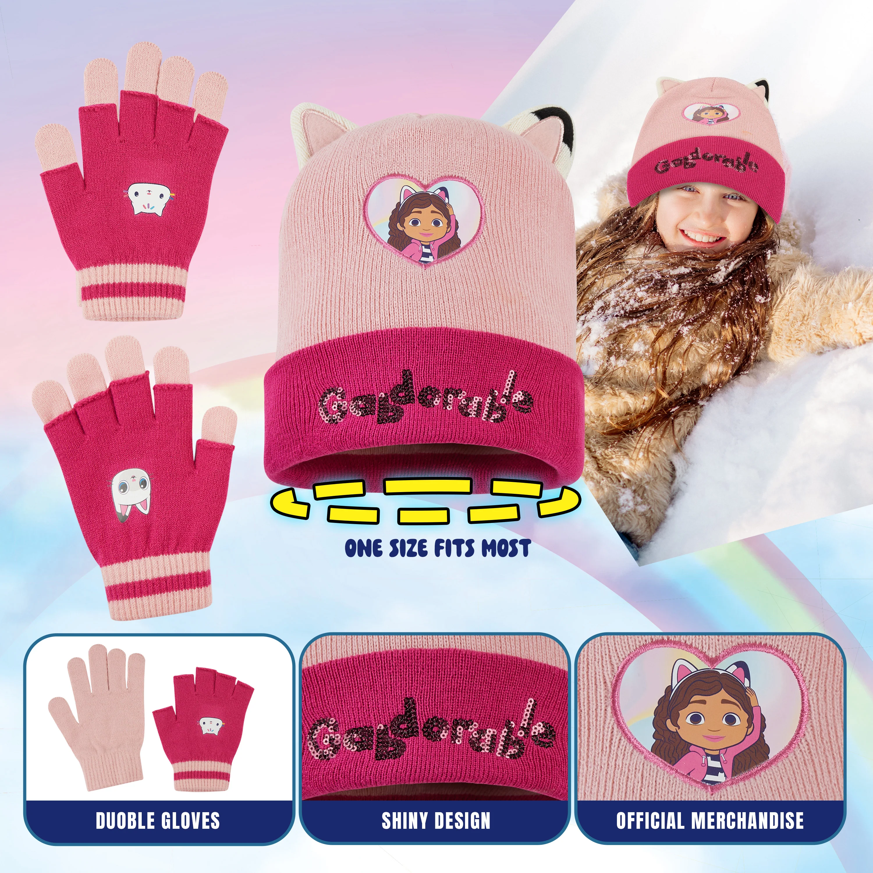 Gabby's Dollhouse Girls Winter Accessories Set Beanie Hat and Gloves Girls Gifts - Image 5