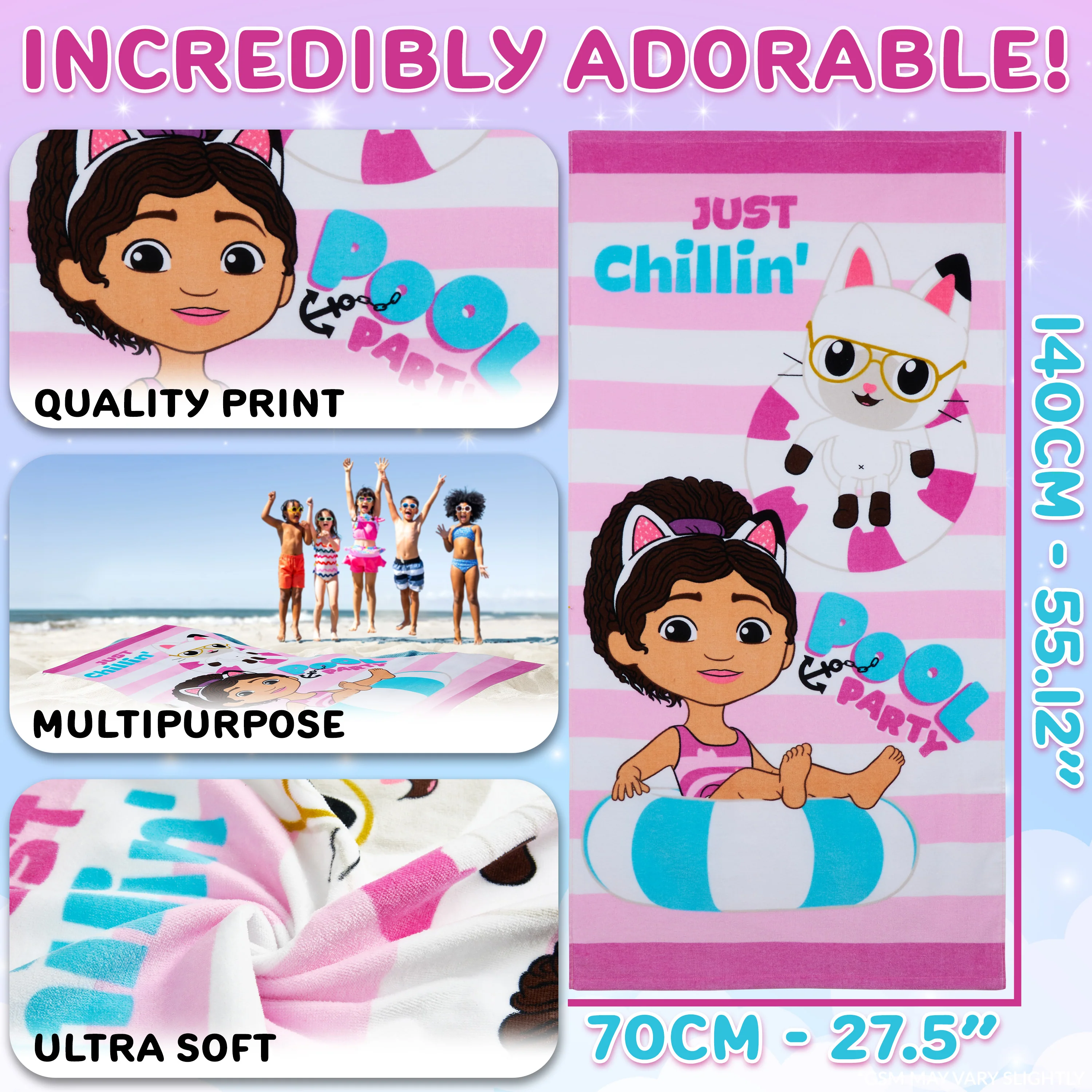 Gabby's Dollhouse Towel for Kids Toddlers Soft Absorbent Bath Shower Swimming Beach Towel 100% Cotton Quick Dry Holiday Essentials 140x70cm - Image 6