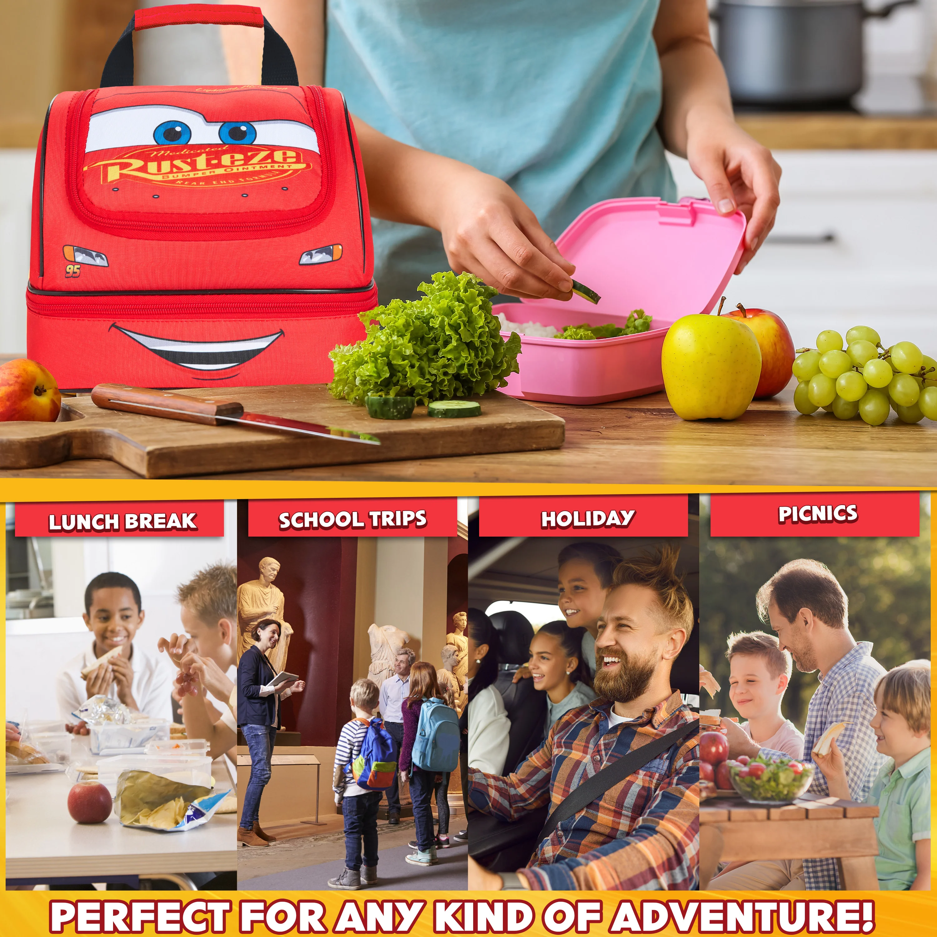 Get Trend Disney Cars Lunch Bag for Kids Lightning McQueen Insulated Lunch Box Compartments Double Decker Snacks Food Carrier for School Travel Picnic Cooler Bag (Red McQueen) - Image 3
