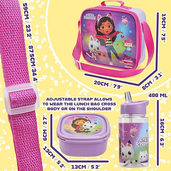 Get Trend Gabby’s Dollhouse Lunch Bag Set for Kids 3 Pcs with Snack Lunch Box - Image 2