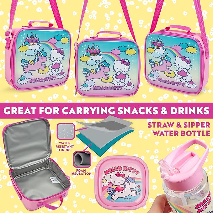 Get Trend Hello Kitty Lunch Bag Set for Kids Kawaii 3 Pcs with Snack Lunch Box - Image 4