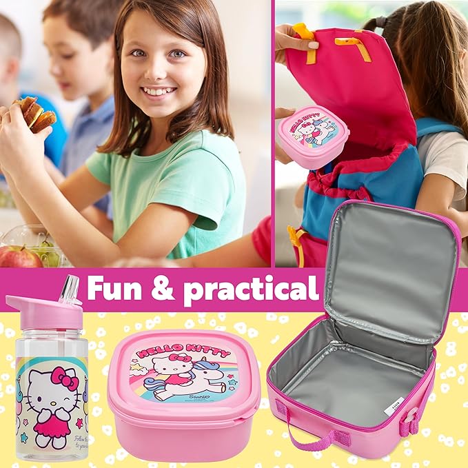 Get Trend Hello Kitty Lunch Bag Set for Kids Kawaii 3 Pcs with Snack Lunch Box - Image 5
