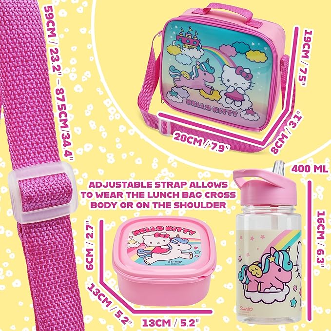 Get Trend Hello Kitty Lunch Bag Set for Kids Kawaii 3 Pcs with Snack Lunch Box - Image 6