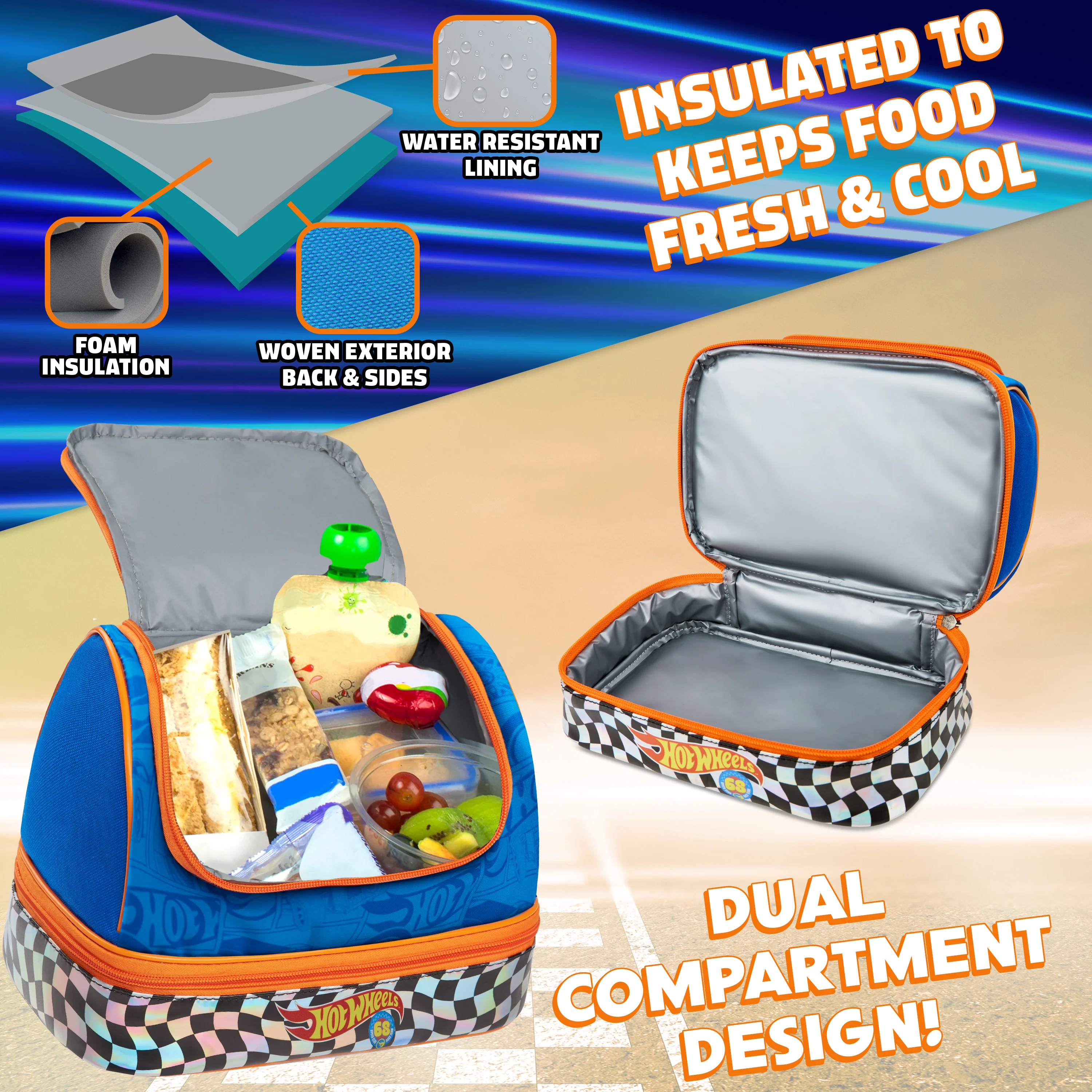 Get Trend Hot Wheels Lunch Bag for Kids Insulated Lunch Box with Compartments Double Decker Snacks Food Carrier for School Travel Picnic Cooler Bag (Blue Hot Wheels) - Image 5