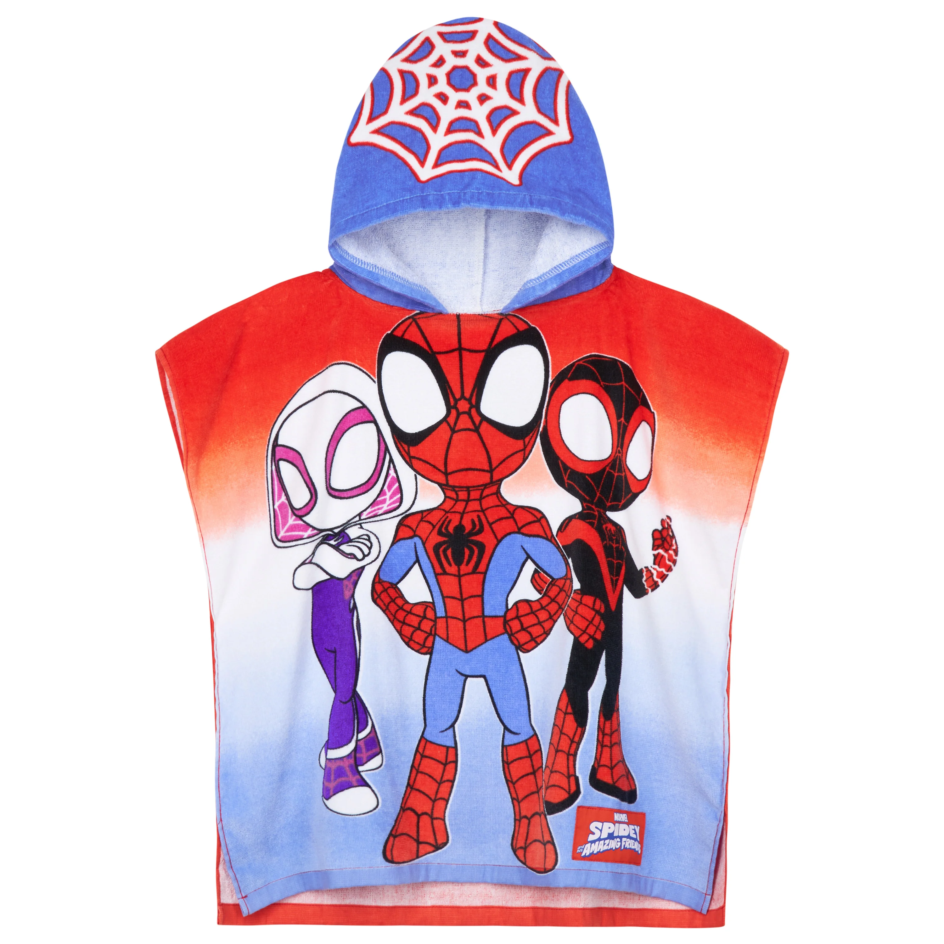 Get Trend Marvel Spidey Bath Towel with Hood for Kids Absorbent Changing Robe Poncho Towel Swimming Bath Shower Beach Holiday Essentials (Blue/Red Spidey, 4-9 years)