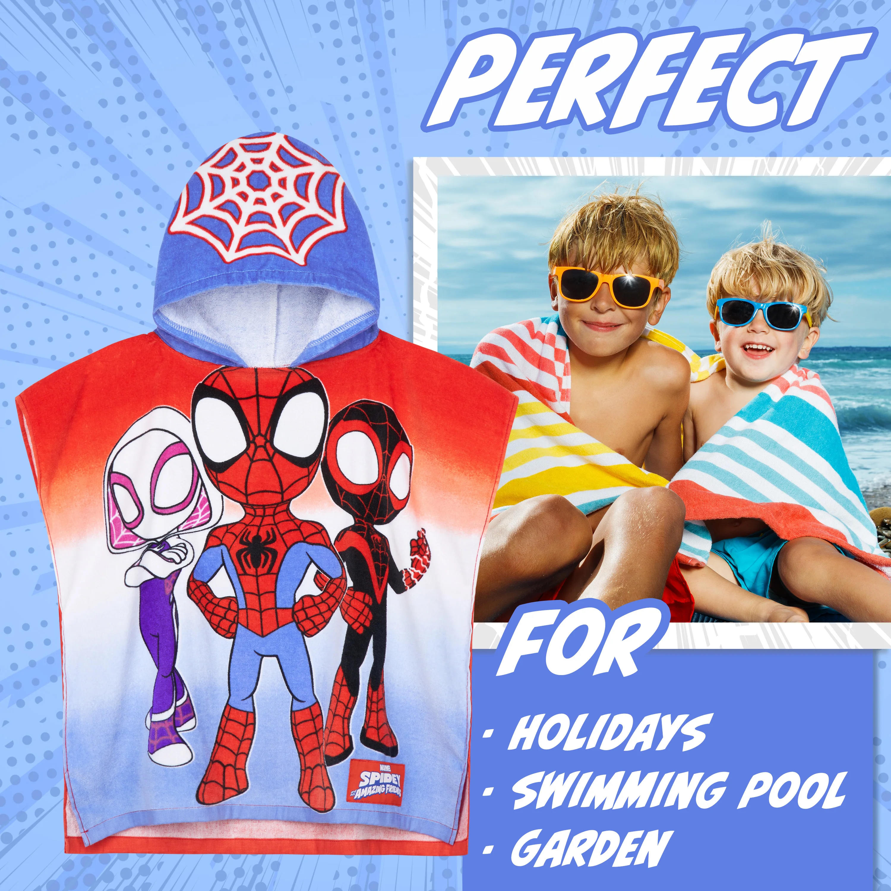 Get Trend Marvel Spidey Bath Towel with Hood for Kids Absorbent Changing Robe Poncho Towel Swimming Bath Shower Beach Holiday Essentials (Blue/Red Spidey, 4-9 years) - Image 2