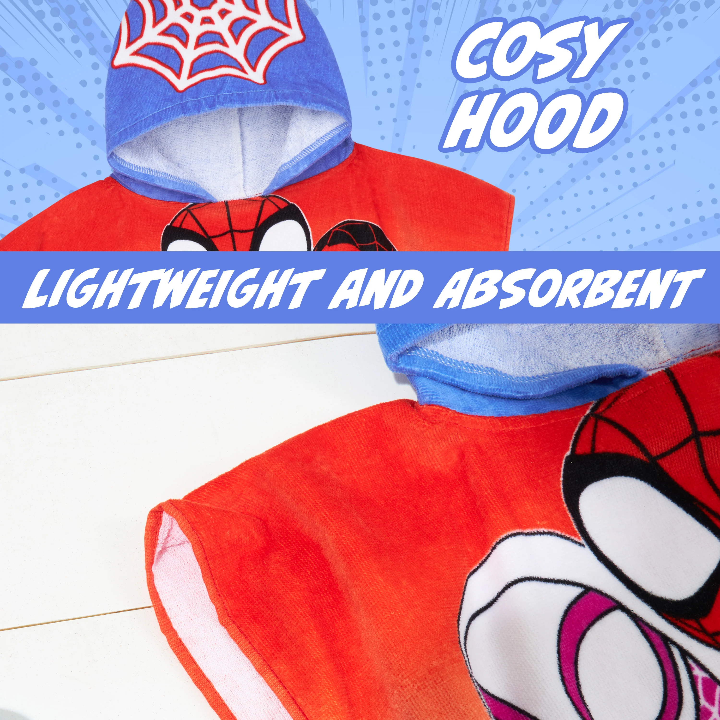 Get Trend Marvel Spidey Bath Towel with Hood for Kids Absorbent Changing Robe Poncho Towel Swimming Bath Shower Beach Holiday Essentials (Blue/Red Spidey, 4-9 years) - Image 4