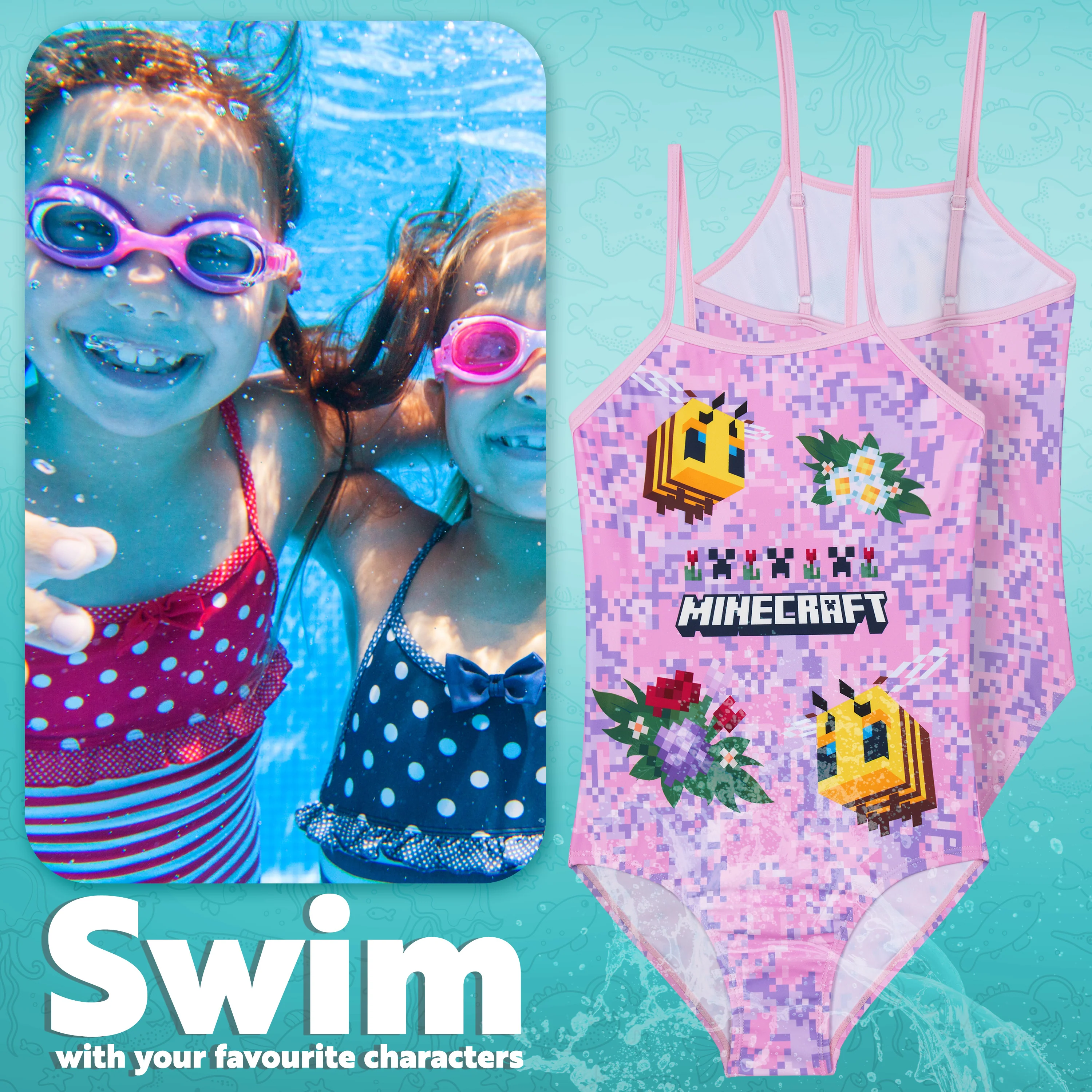 Get Trend Minecraft | Girls Swimming Costume Toddlers One Piece Stretchy Swimsuit Comfortable Straps Swimwear for Beach Pool Swimming Holiday Essentials - Image 3