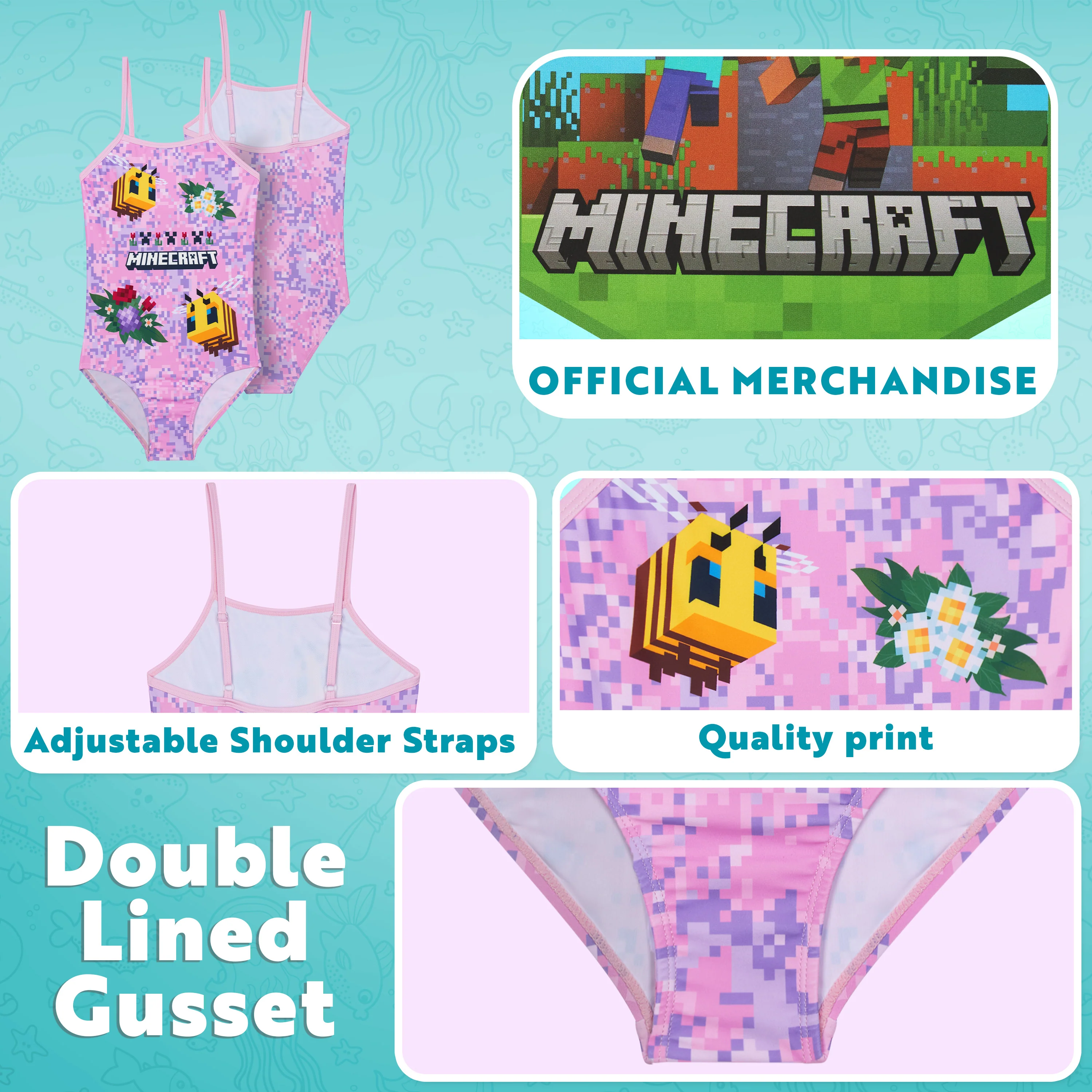 Get Trend Minecraft | Girls Swimming Costume Toddlers One Piece Stretchy Swimsuit Comfortable Straps Swimwear for Beach Pool Swimming Holiday Essentials - Image 4