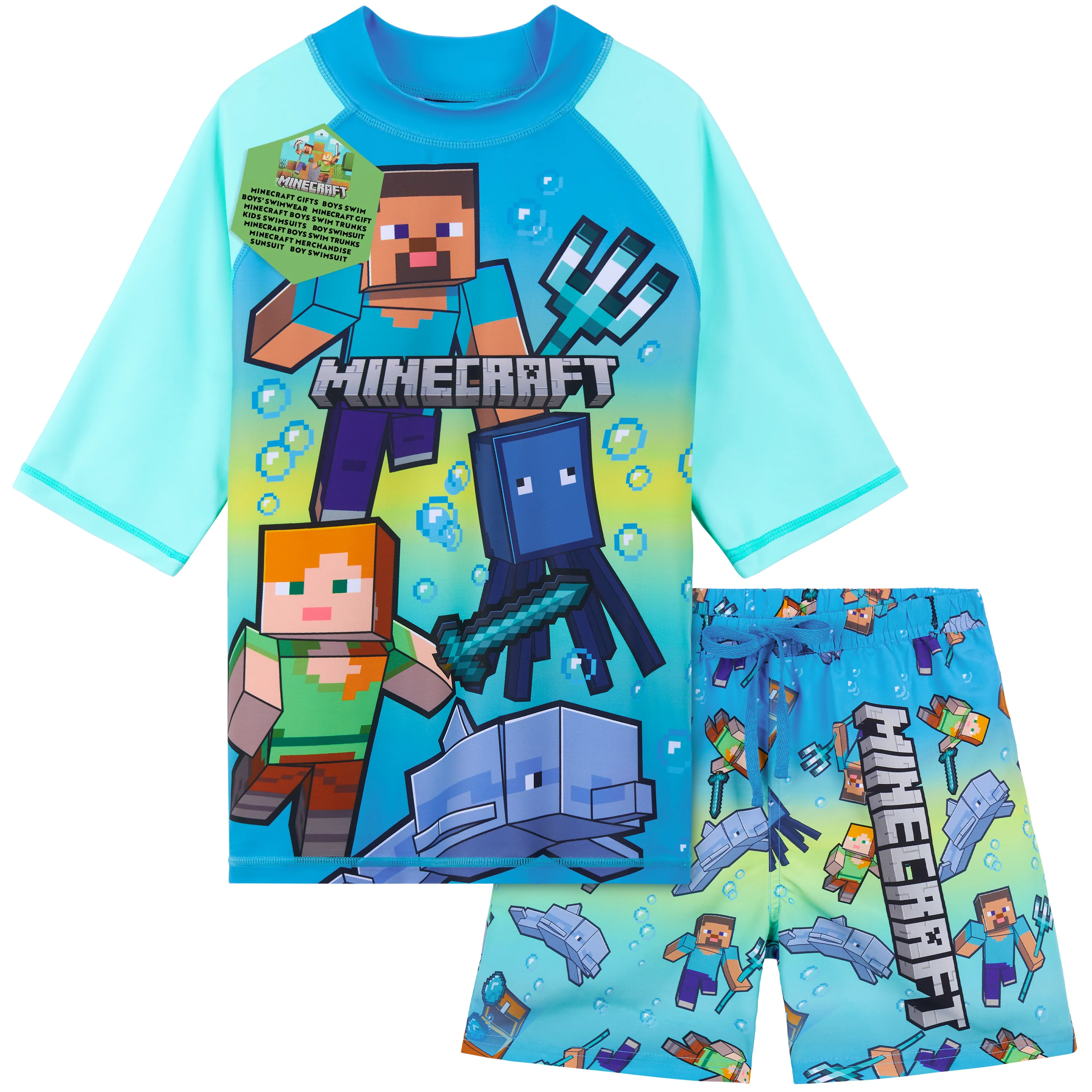 Get Trend Minecraft Swimsuit Set for Boys Teenagers 2 Pcs with Swimming Trunks Boys Rash Vest for Swimming Beach Trip Holiday Essentials