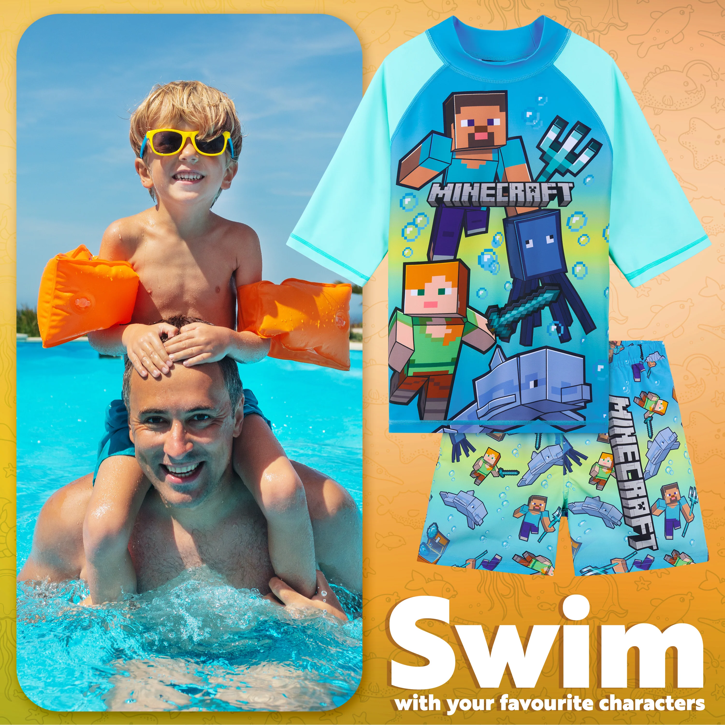 Get Trend Minecraft Swimsuit Set for Boys Teenagers 2 Pcs with Swimming Trunks Boys Rash Vest for Swimming Beach Trip Holiday Essentials - Image 3