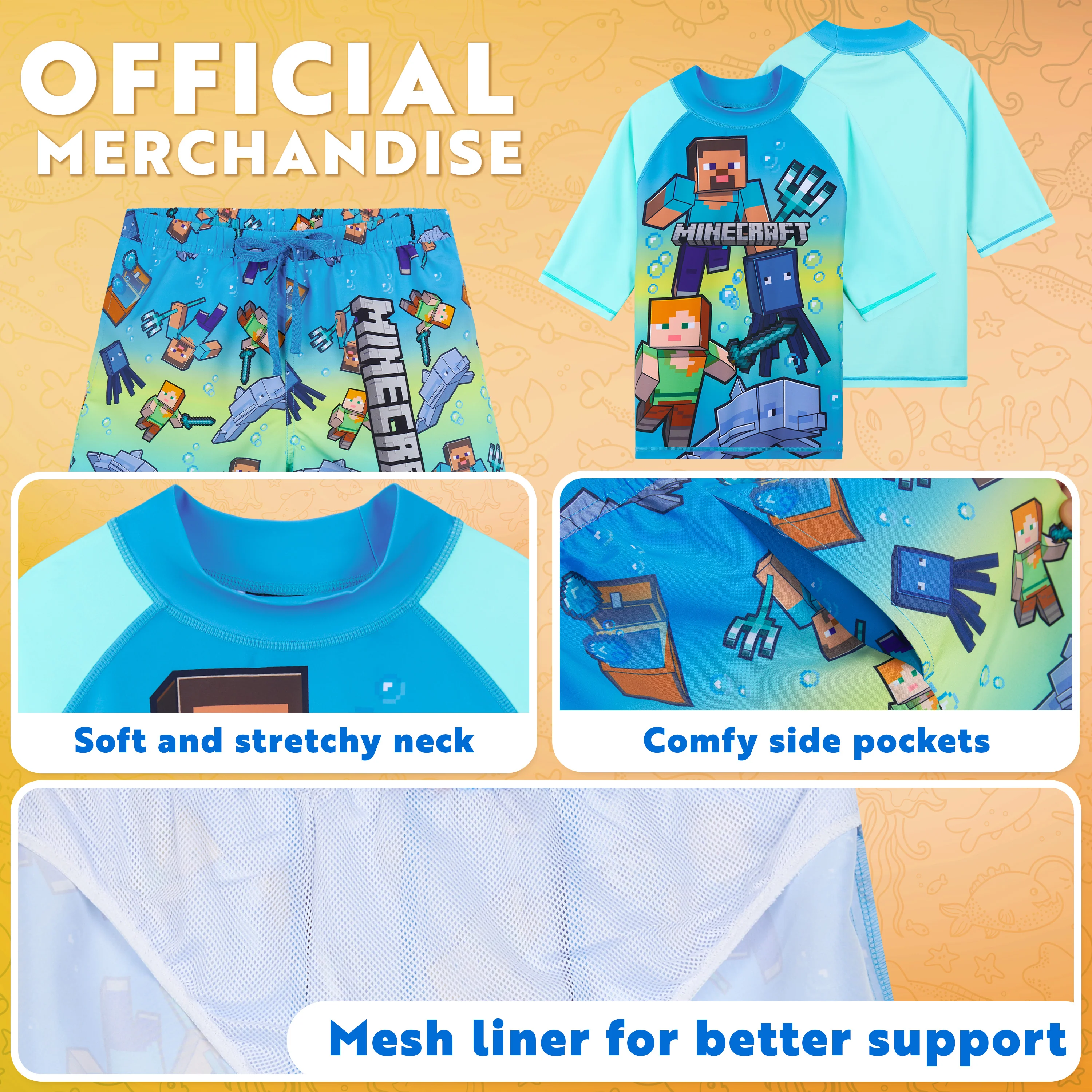 Get Trend Minecraft Swimsuit Set for Boys Teenagers 2 Pcs with Swimming Trunks Boys Rash Vest for Swimming Beach Trip Holiday Essentials - Image 4