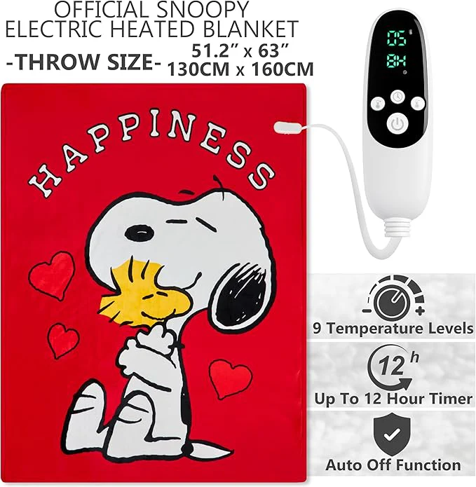 Get Trend Peanuts Snoopy Electric Blanket 150x200cm, Double Size Soft & Luxurious Sherpa Fleece Heated Blanket, 9 Heat Settings 12-Hour Auto-Off Timer (Red Snoopy, Double UK) - Image 4