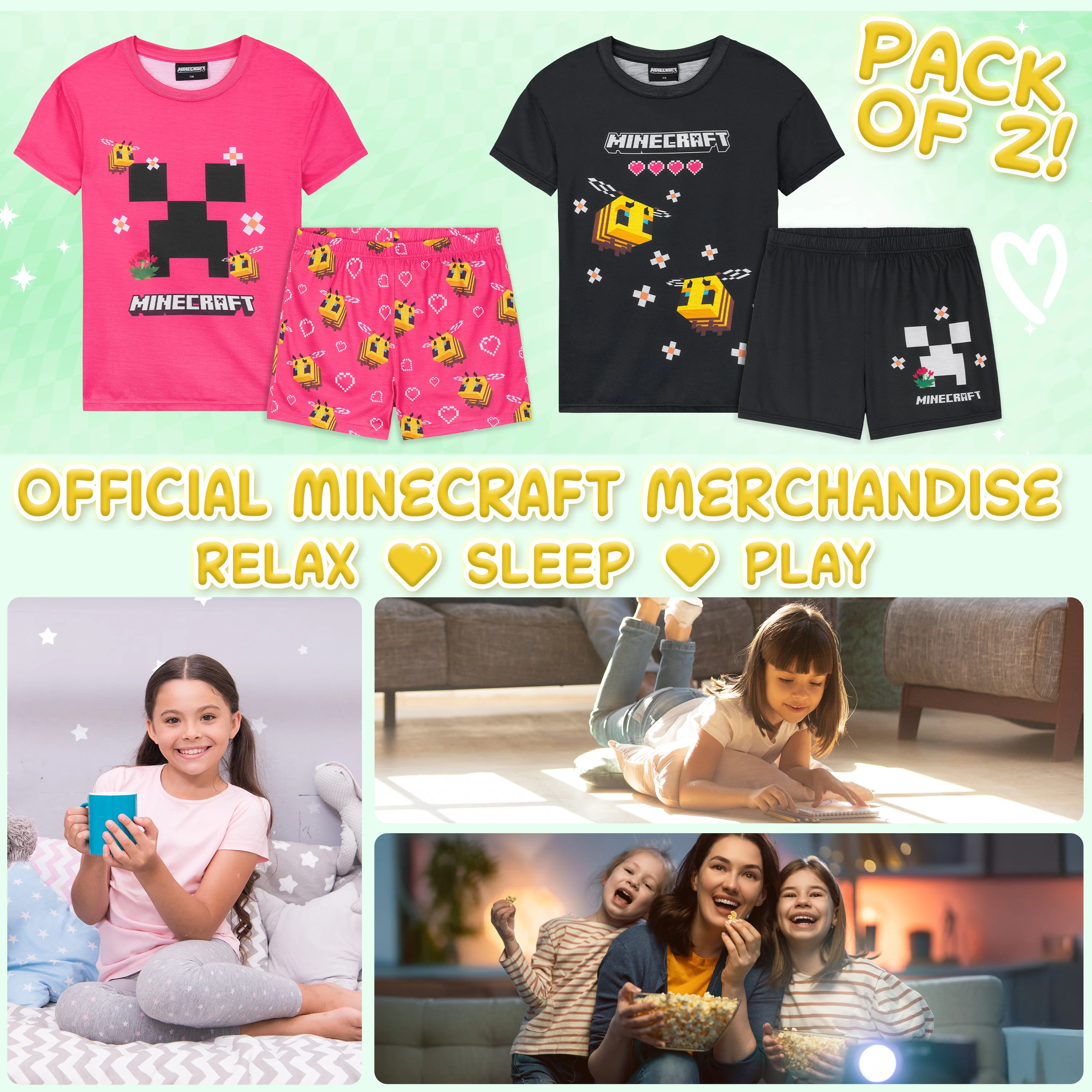 Get Trend PJs for Girls Pack of 2 Short Sleeve Pyjamas Set for Kids Teenagers Lounge Sets Nightwear Soft Comfy Sleepwear Gifts for Girls - Image 2