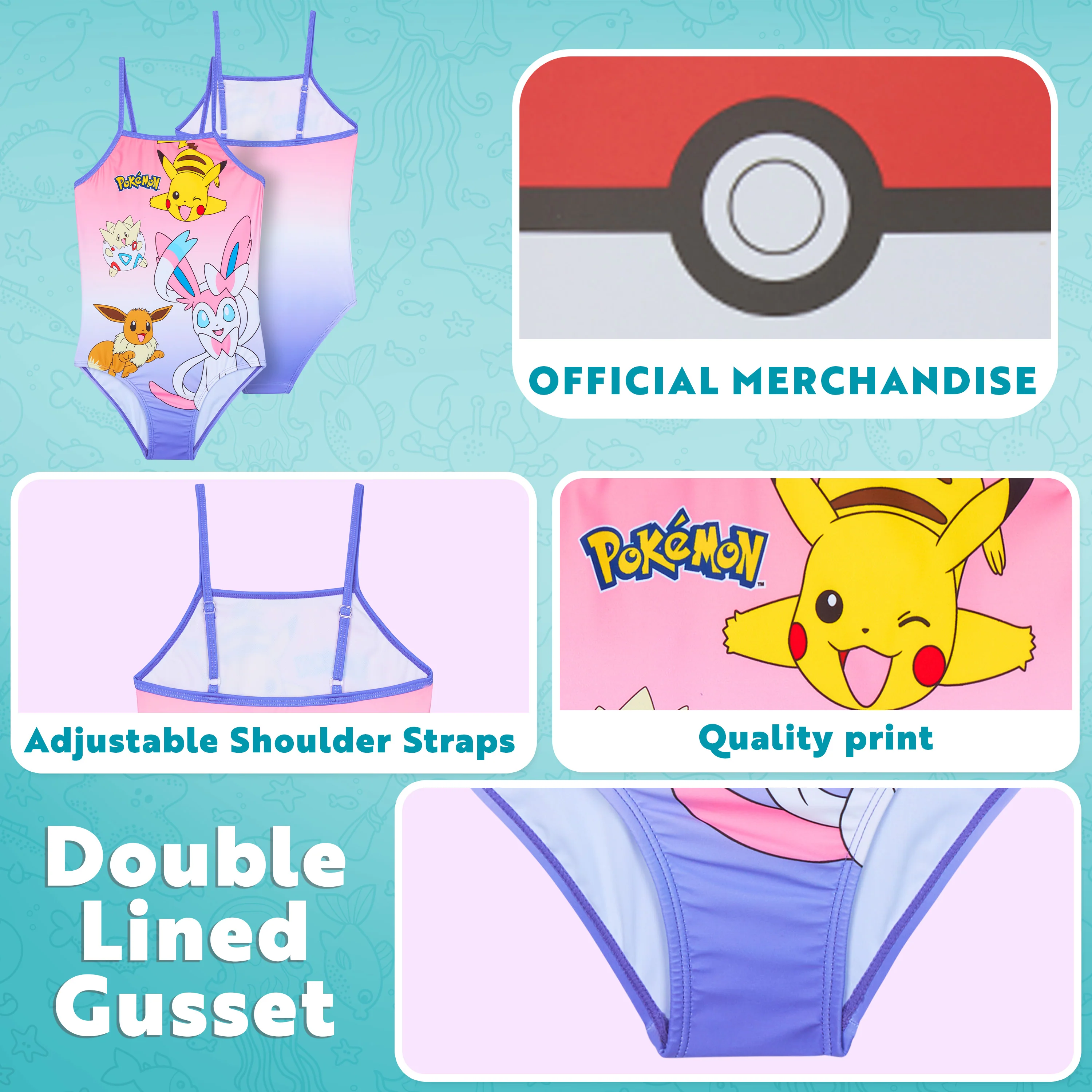 Get Trend | Pokemon Girls Swimming Costume Toddlers One Piece Stretchy Swimsuit Comfortable Straps Swimwear for Beach Pool Swimming Holiday Essentials - Image 4