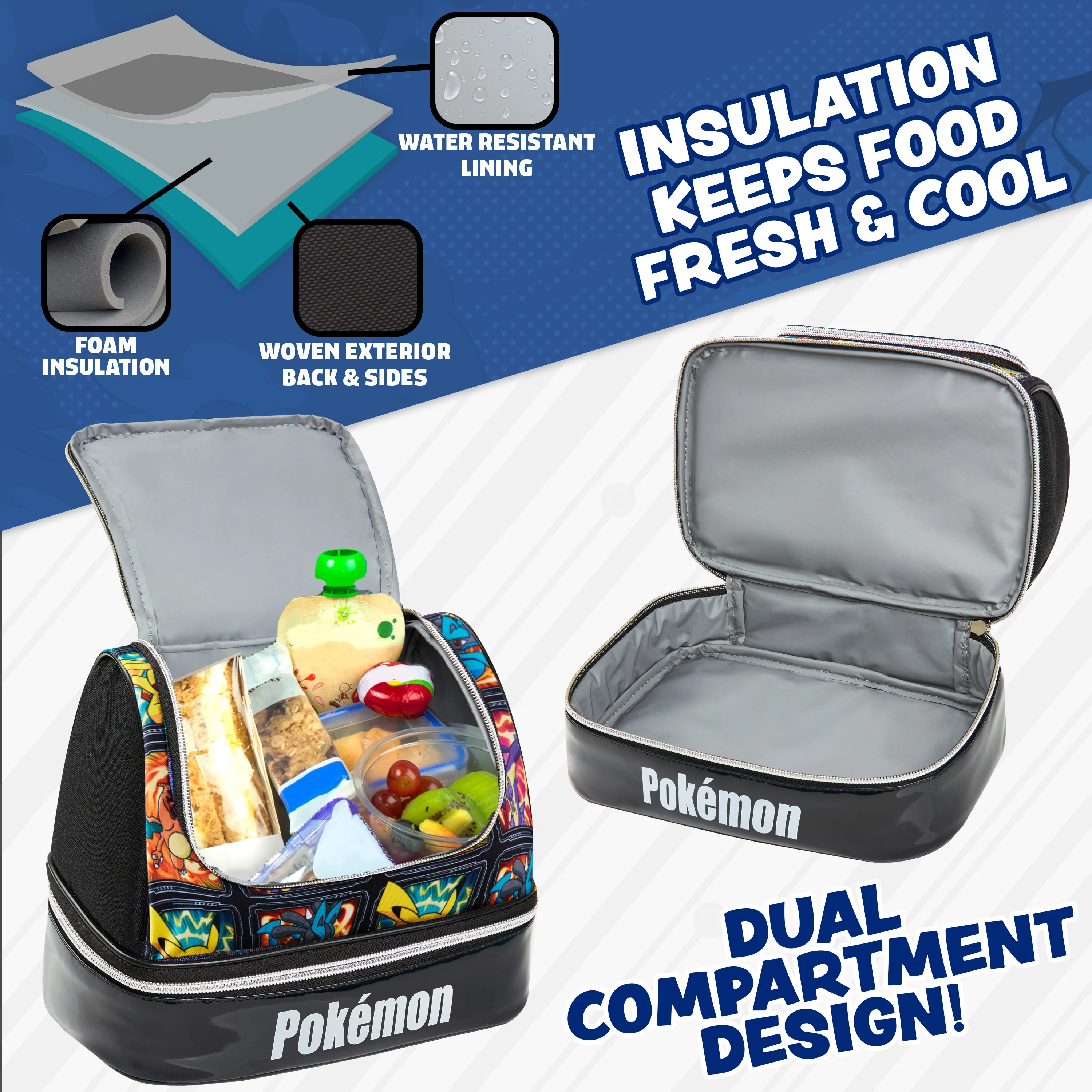 Get Trend Pokemon Lunch Bag for Kids Teens Anime Insulated Lunch Box with Compartments Pikachu Double Decker Snacks Food Carrier for School Travel Picnic Cooler Bag (Multi Pokemon) - Image 4