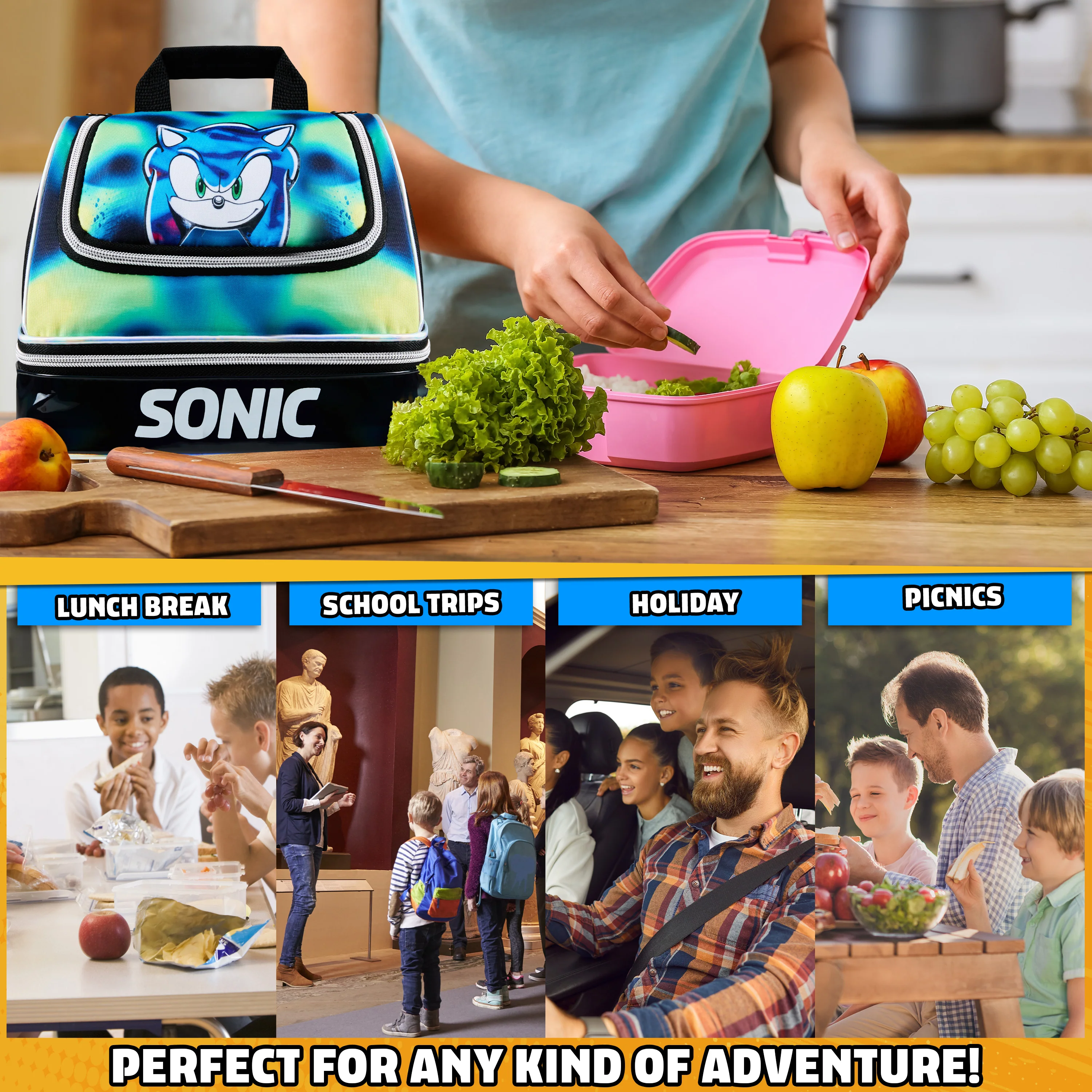 Get Trend Sonic The Hedgehog Lunch Bag for Kids Teens Shadow Insulated Lunch Box Compartments Double Decker Snacks Food Carrier for School Travel Picnic Cooler Bag (Black Sonic) - Image 3