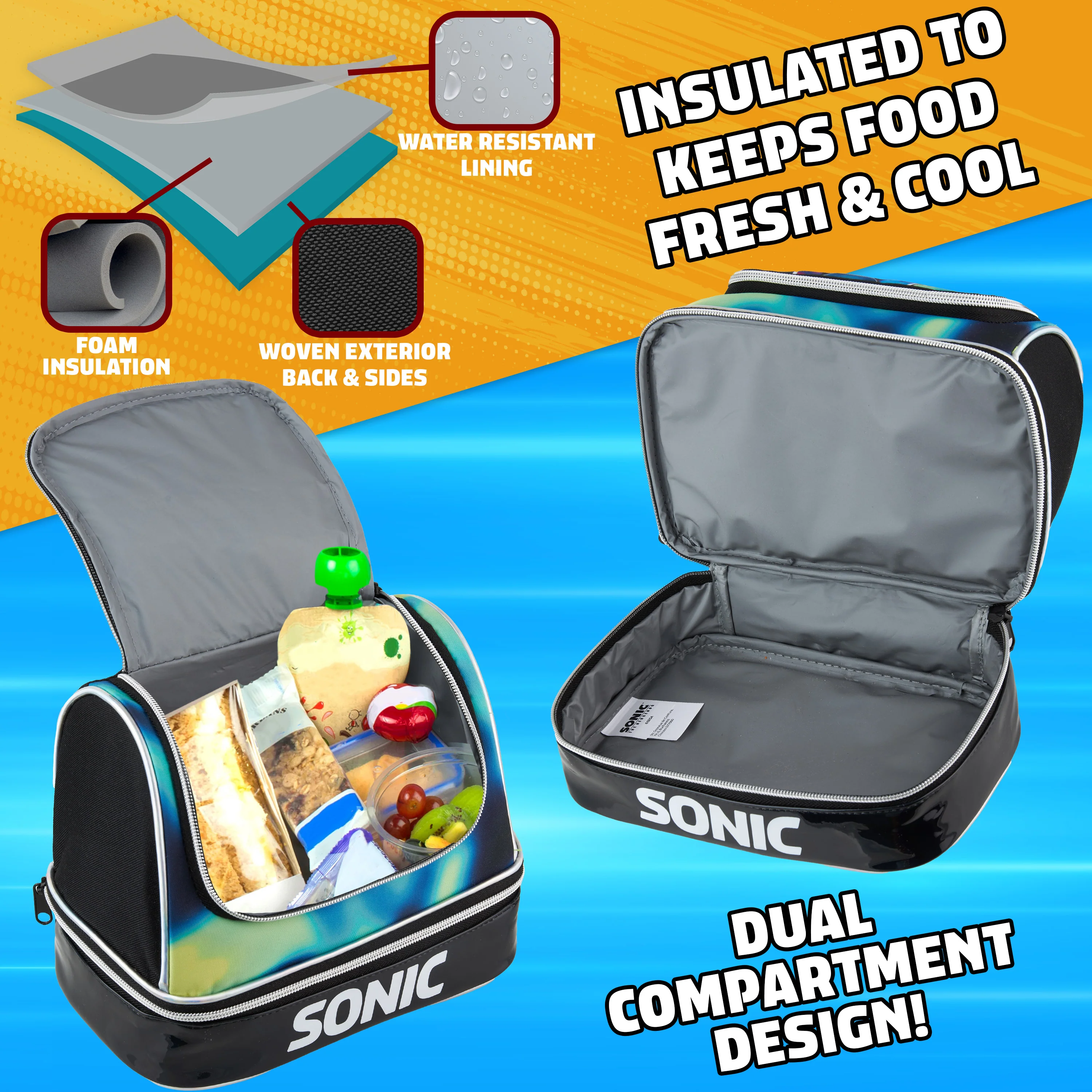 Get Trend Sonic The Hedgehog Lunch Bag for Kids Teens Shadow Insulated Lunch Box Compartments Double Decker Snacks Food Carrier for School Travel Picnic Cooler Bag (Black Sonic) - Image 5