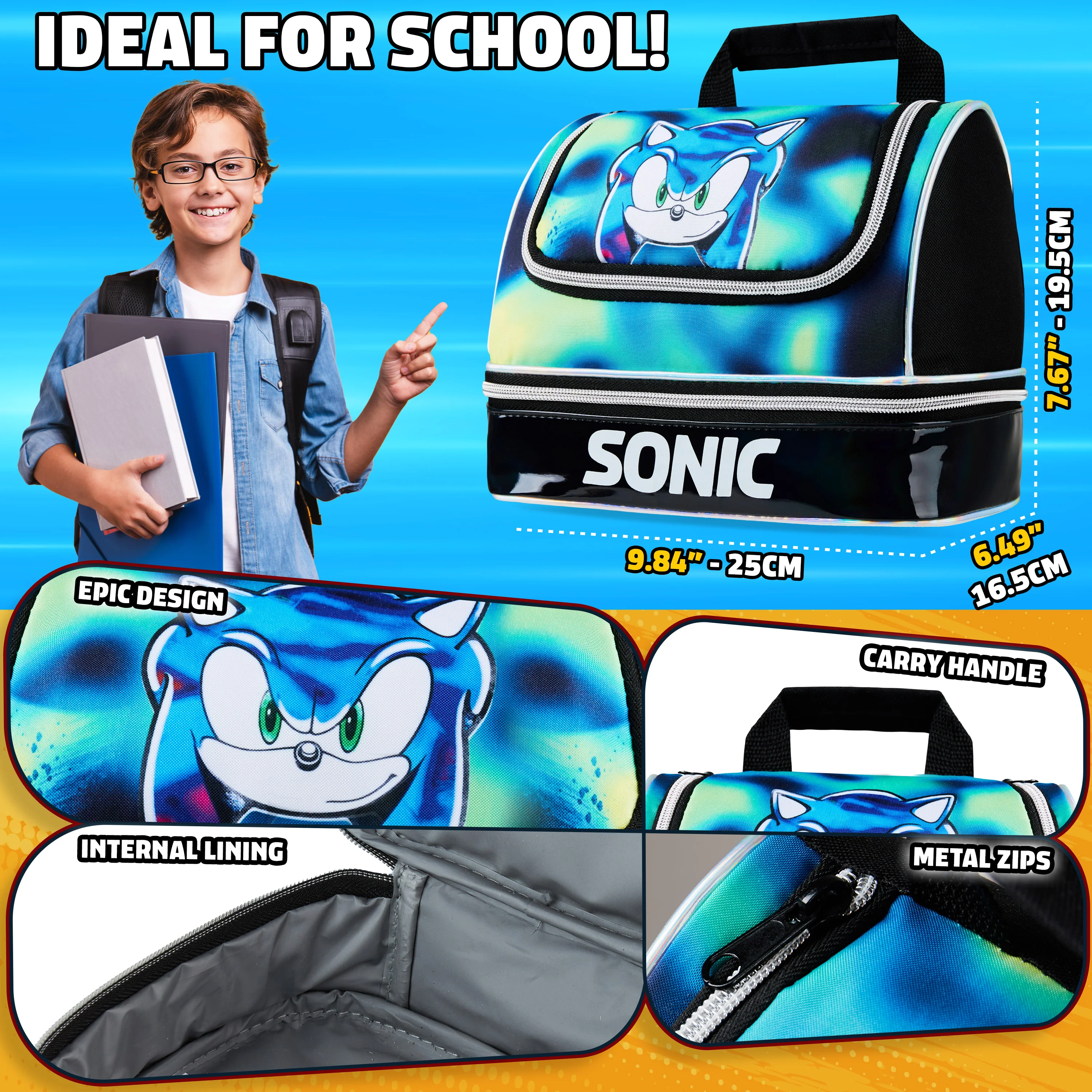 Get Trend Sonic The Hedgehog Lunch Bag for Kids Teens Shadow Insulated Lunch Box Compartments Double Decker Snacks Food Carrier for School Travel Picnic Cooler Bag (Black Sonic) - Image 7