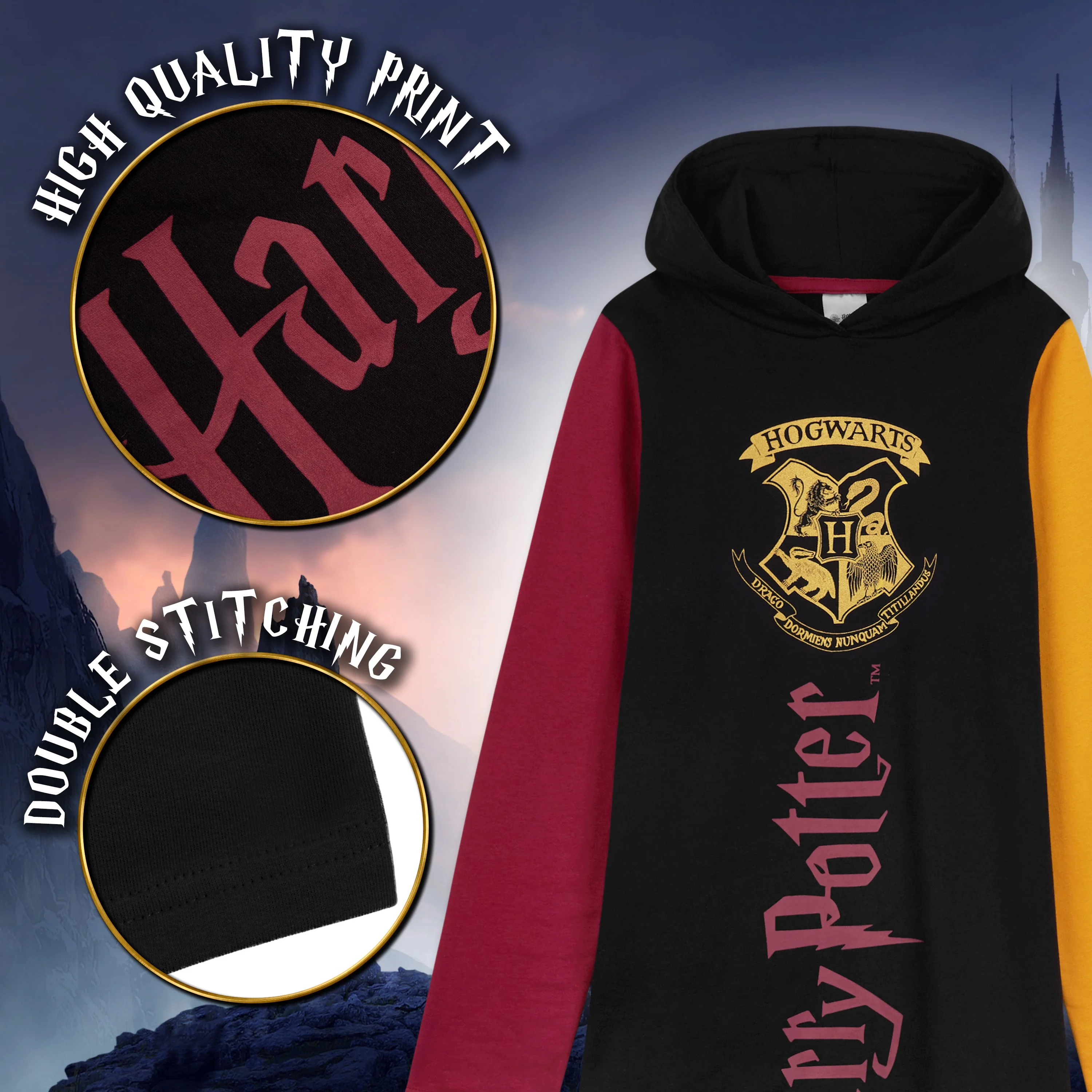 Harry Potter Black Hoodie Dress for Girls and Teens, Cotton Oversized Jumper - Image 3