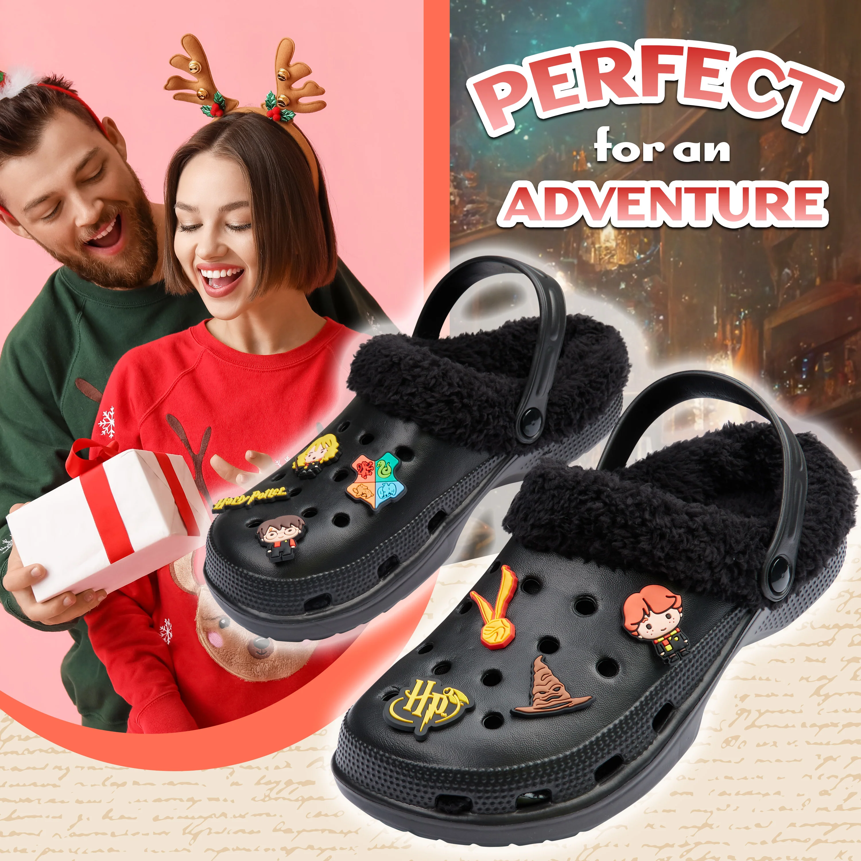 Harry Potter Clogs Womens Teens Winter Fleece Lining & Removable Charms - Warm Slip On Garden Shoes with Strap - Image 3