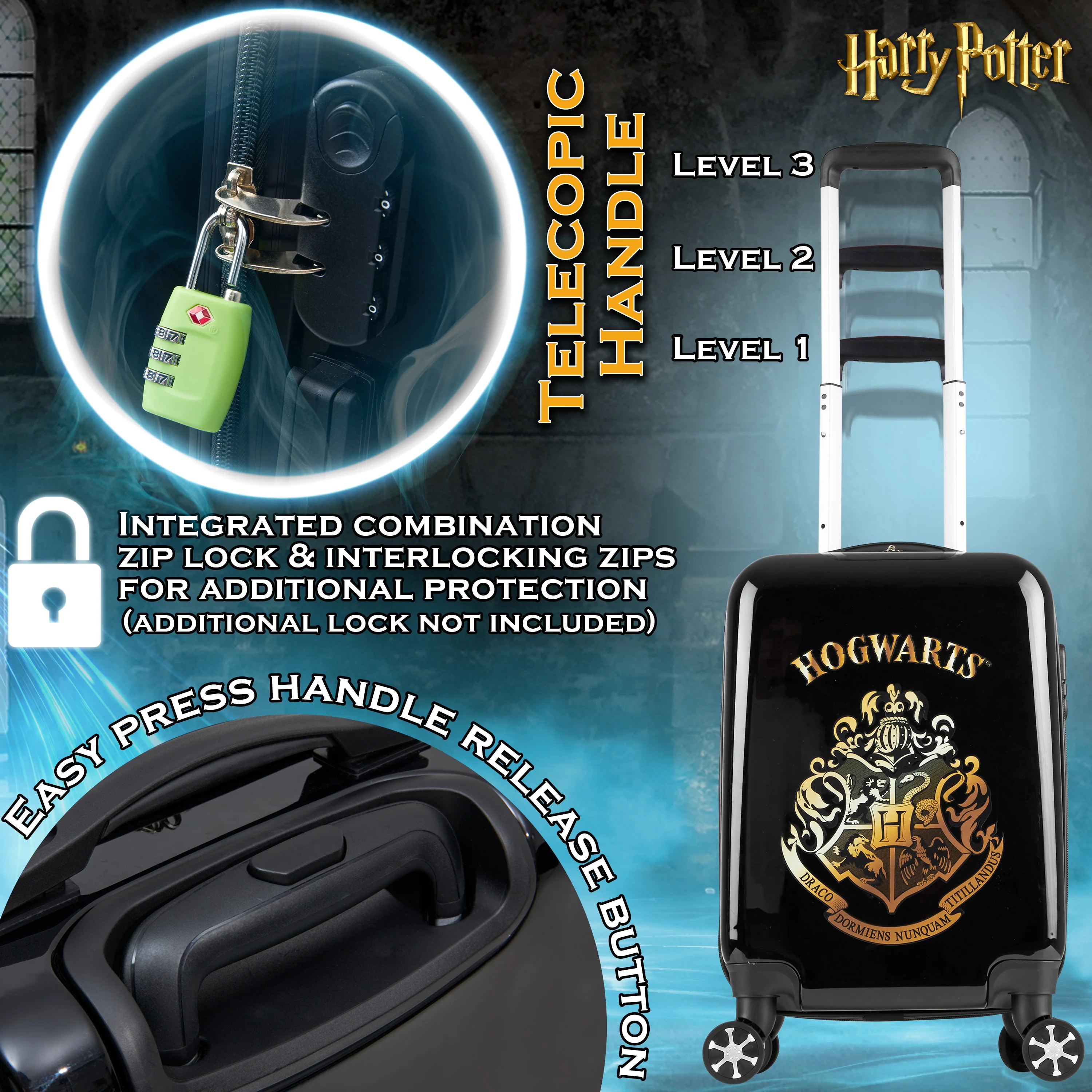 Harry Potter Hard Shell Suitcase, 55 x 35 x 21cm, 31L Capacity, 4 Wheels, Combination Lock - Travel Essentials (S/55cm - 31L, Black) - Image 5