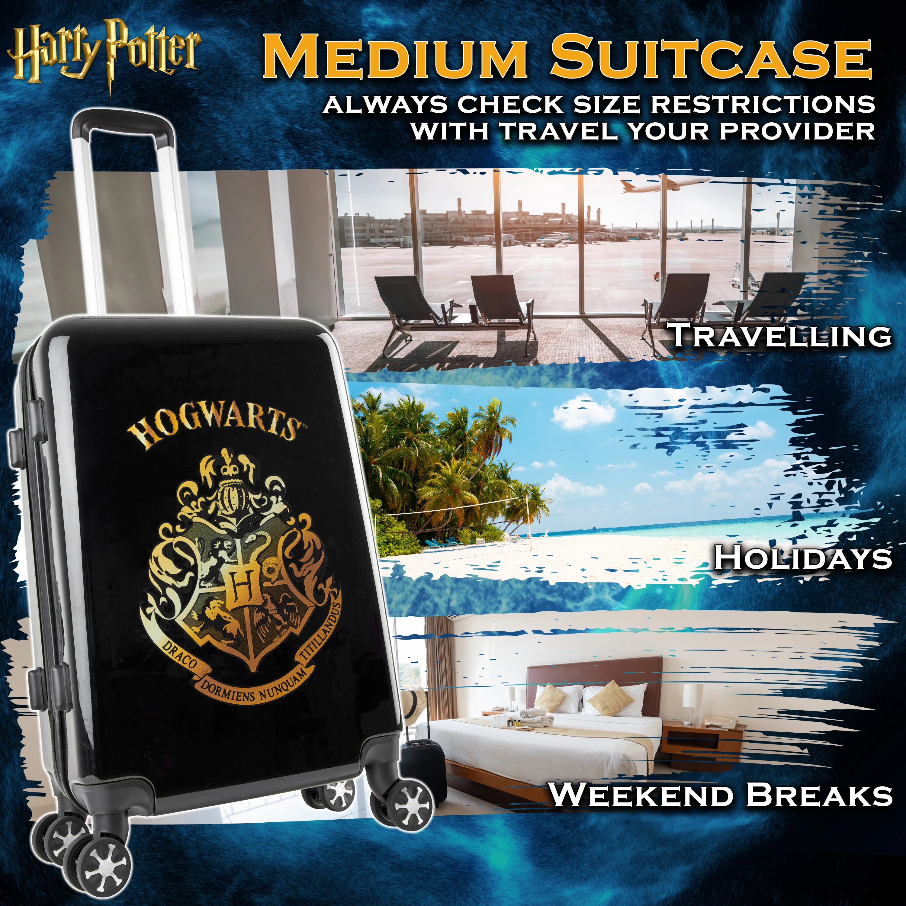 Harry Potter Hard Shell Suitcase, 67 x 42 x 25cm, 60L Capacity, 4 Wheels Combination Lock - Travel Essentials (M/67cm - 60L, Black) - Image 3