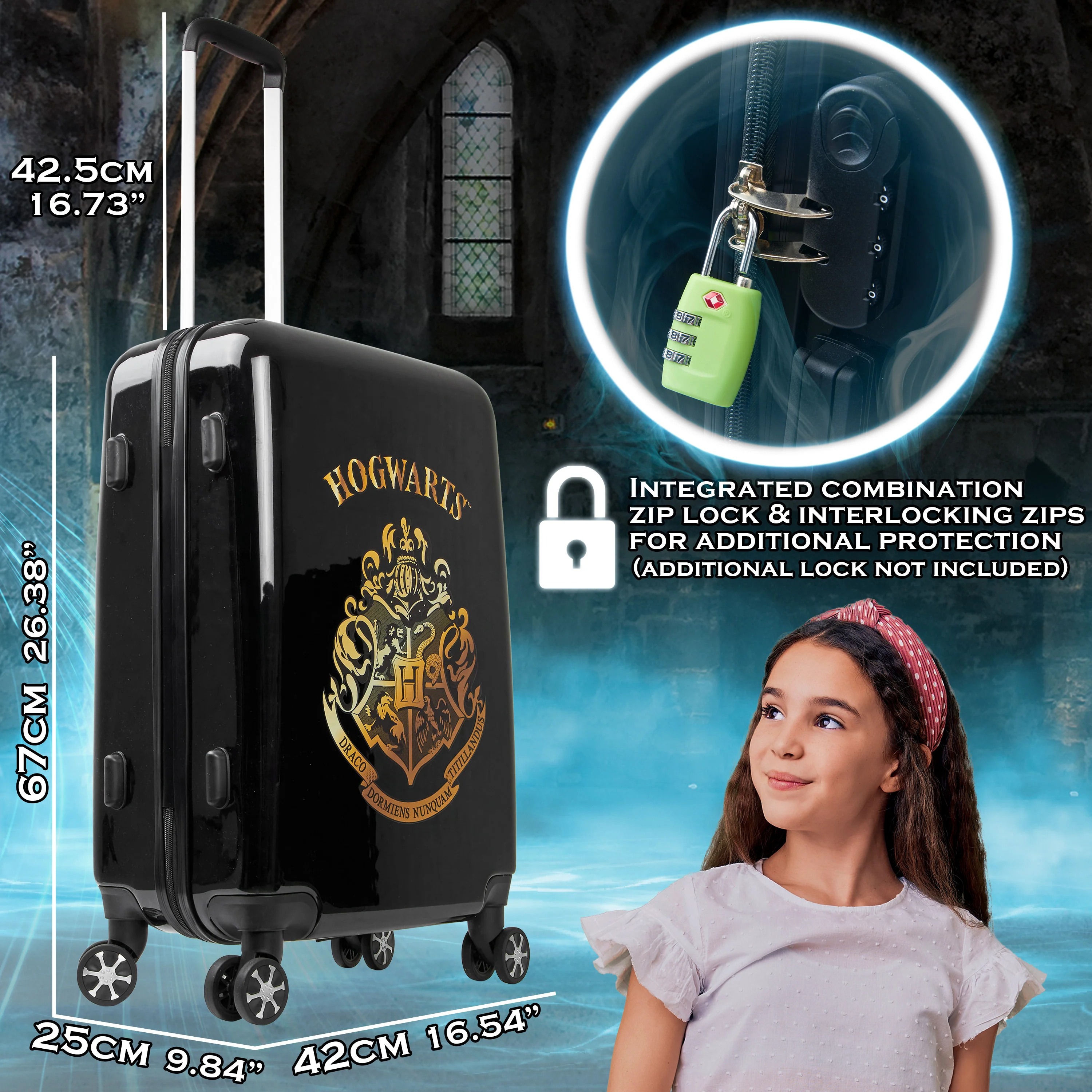 Harry Potter Hard Shell Suitcase, 67 x 42 x 25cm, 60L Capacity, 4 Wheels Combination Lock - Travel Essentials (M/67cm - 60L, Black) - Image 4