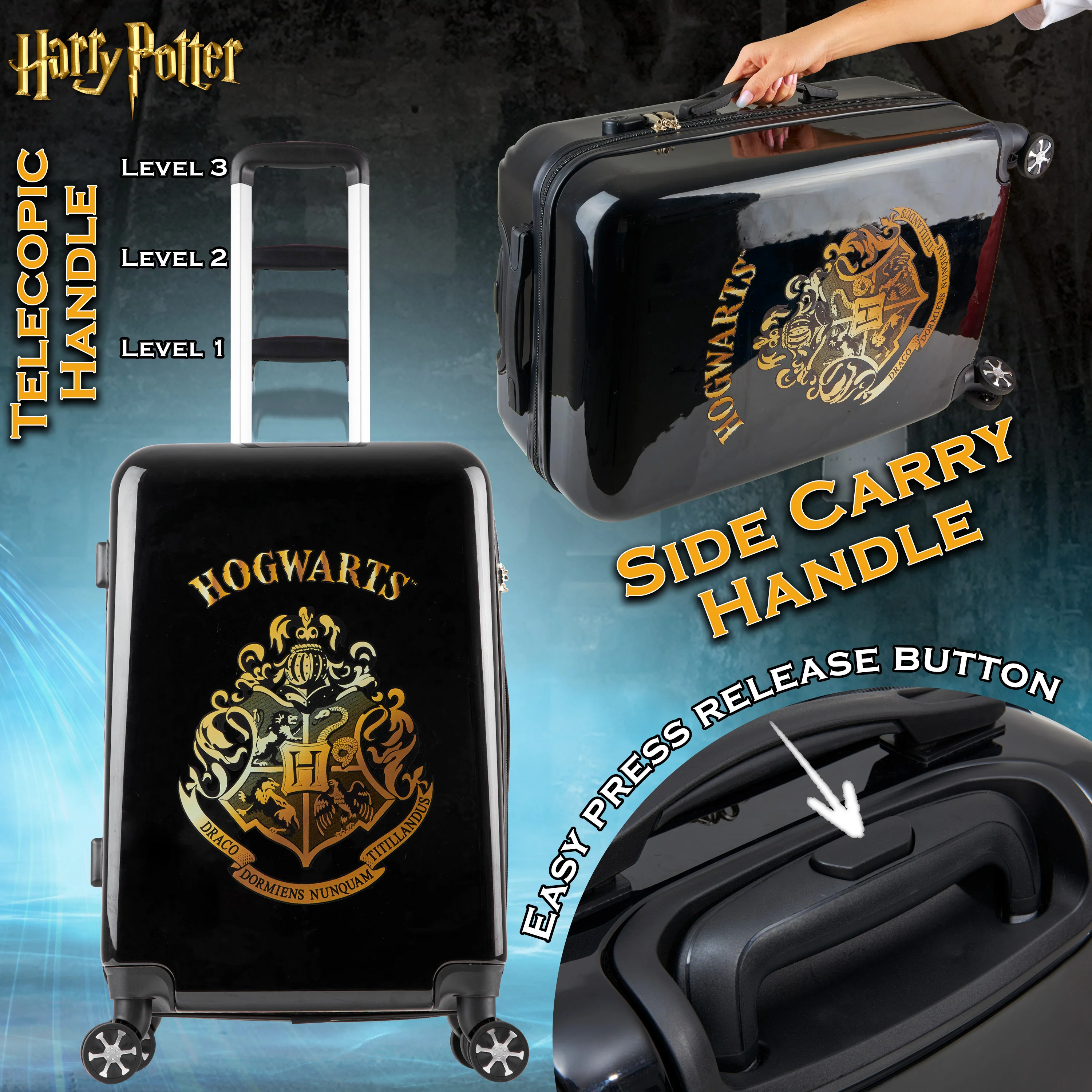 Harry Potter Hard Shell Suitcase, 67 x 42 x 25cm, 60L Capacity, 4 Wheels Combination Lock - Travel Essentials (M/67cm - 60L, Black) - Image 5