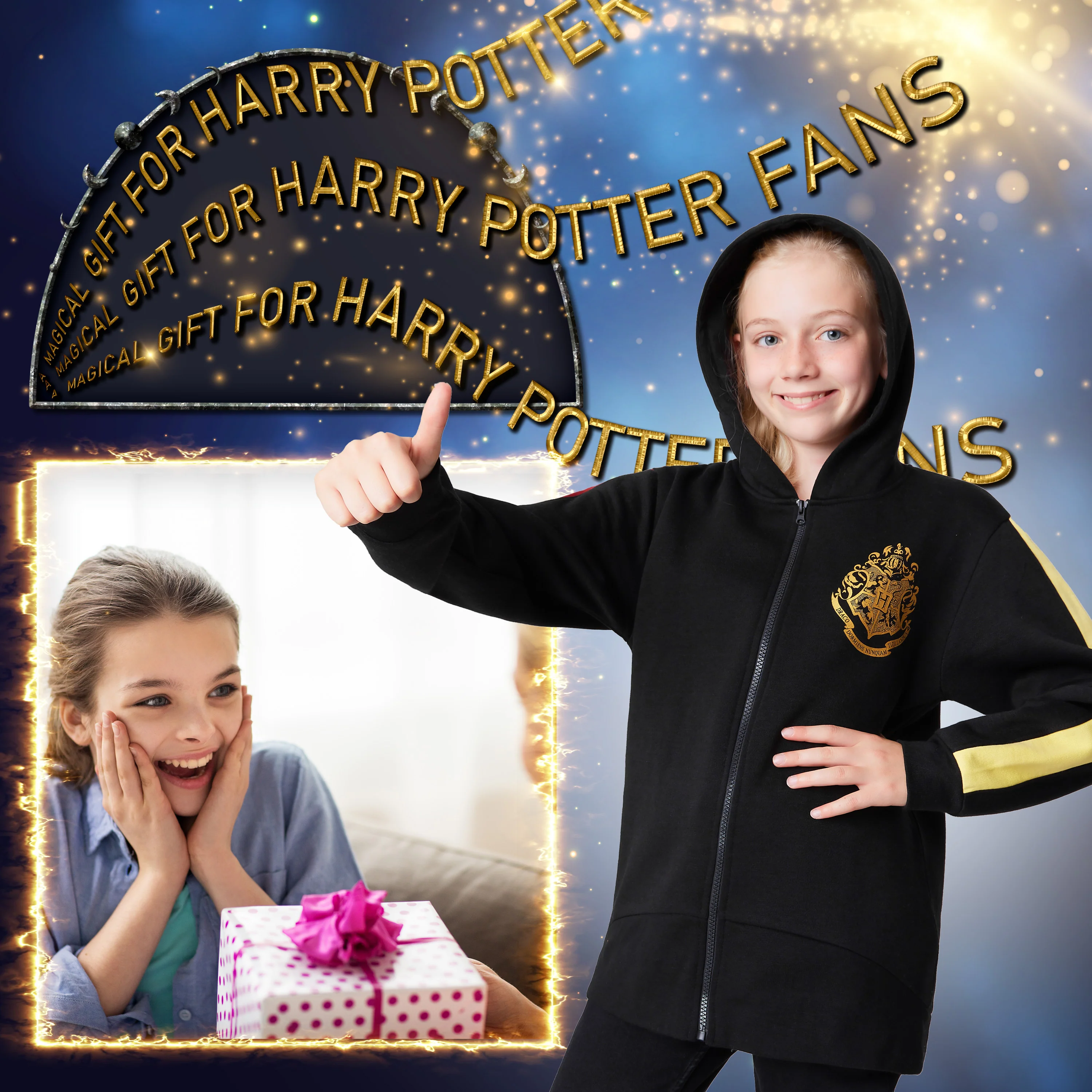 Harry Potter Hoodie Girls Teenagers Soft Hogwarts Black/Gold/Red Zip Up Hoodie Sweatshirt Girls Jumpers Age 5-14 Gifts for Girls - Image 3