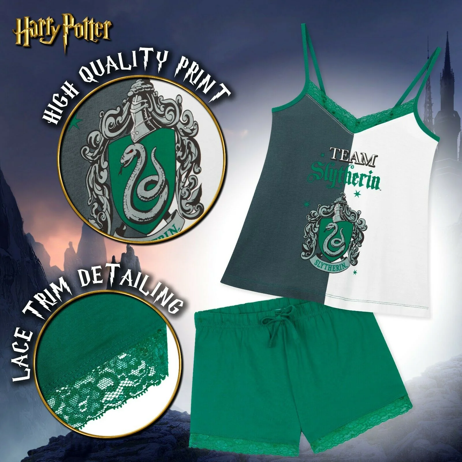 Harry Potter Ladies Pyjamas, Team Slytherin Womens Shorts and Top Set, - Image 2