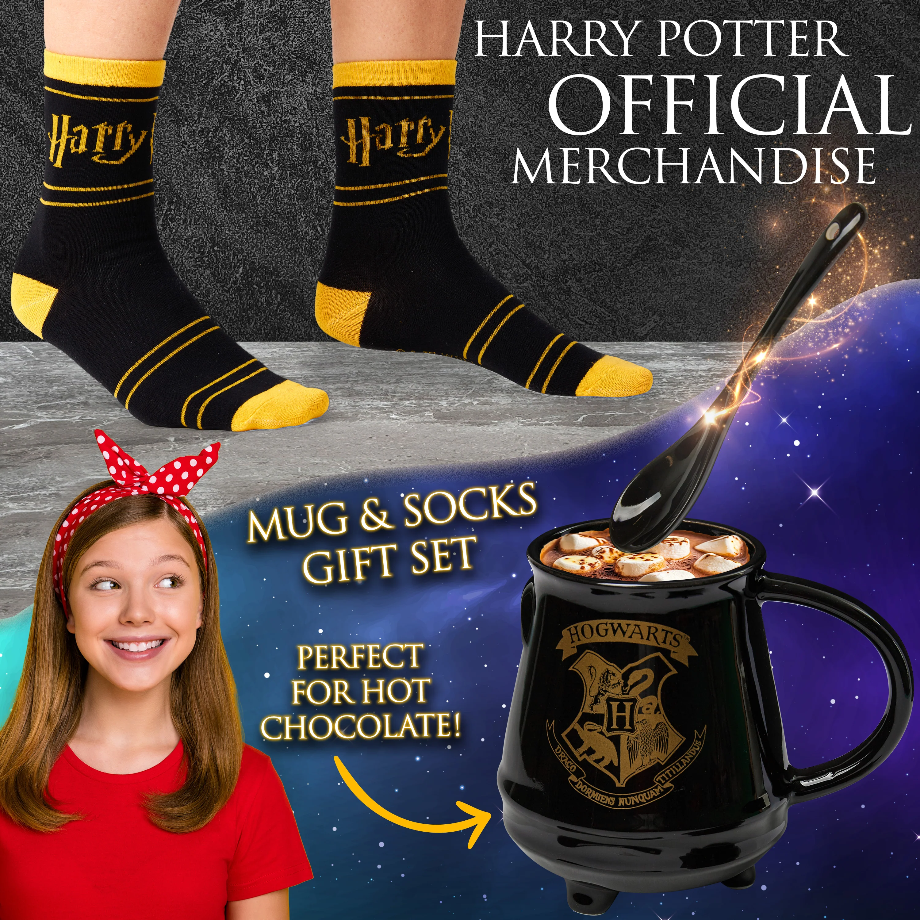 Harry Potter Mug and Socks Gift Set for Women Teenagers Hogwarts Calf Socks Ceramic Mug, Secret Santa Gifts for Women (Black Mug & Spoon Socks, Mug: 450ml, Socks: 2.5/7.5 UK) - Image 2