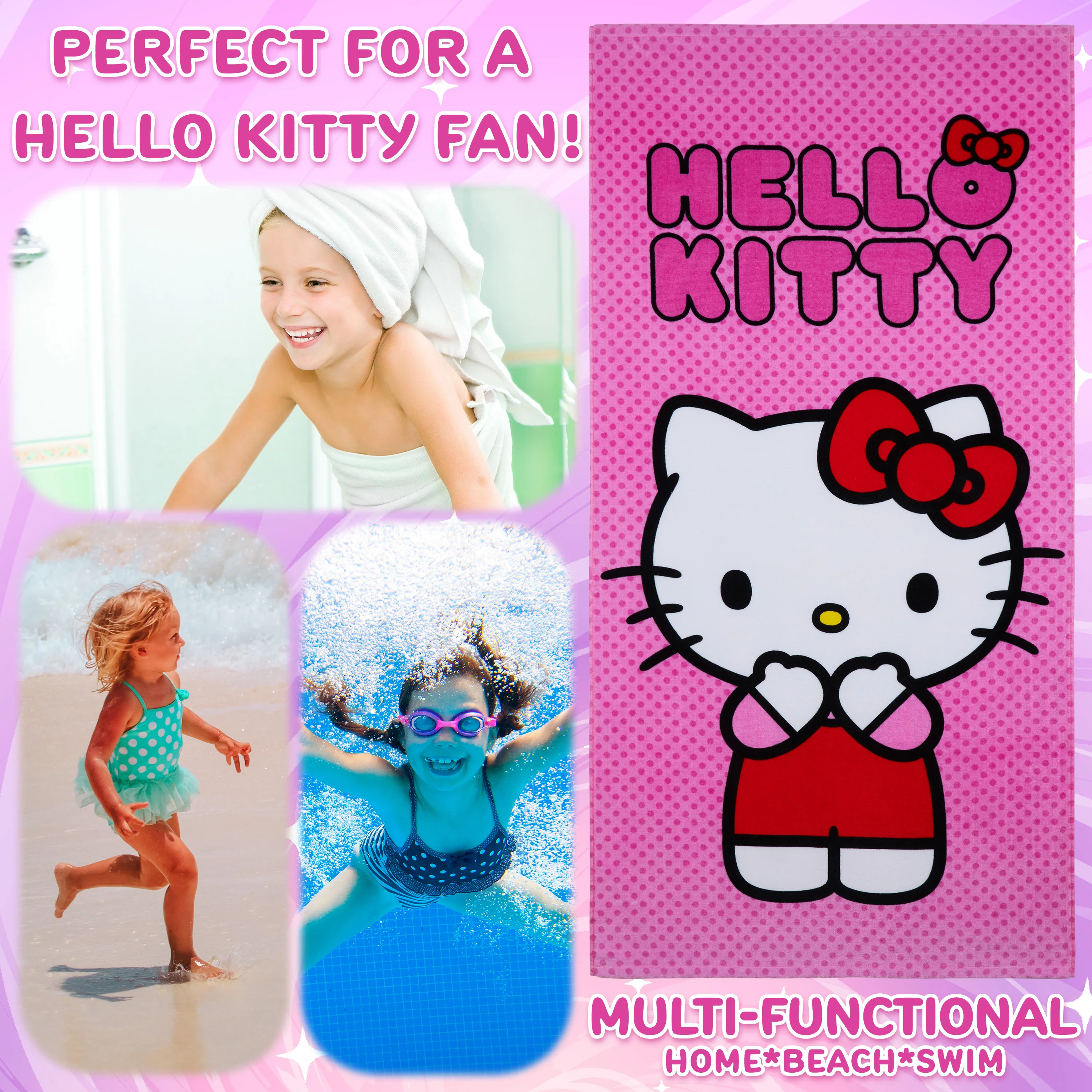 Hello Kitty Asciugamano Bambina Ragazza Donna Teli Mare Assorbente Asciugatura Rapida Kawaii Asciugamani da Bagno 140x70cm Anime Accessori Viaggio (Rosa, 70x140cm) - Image 3
