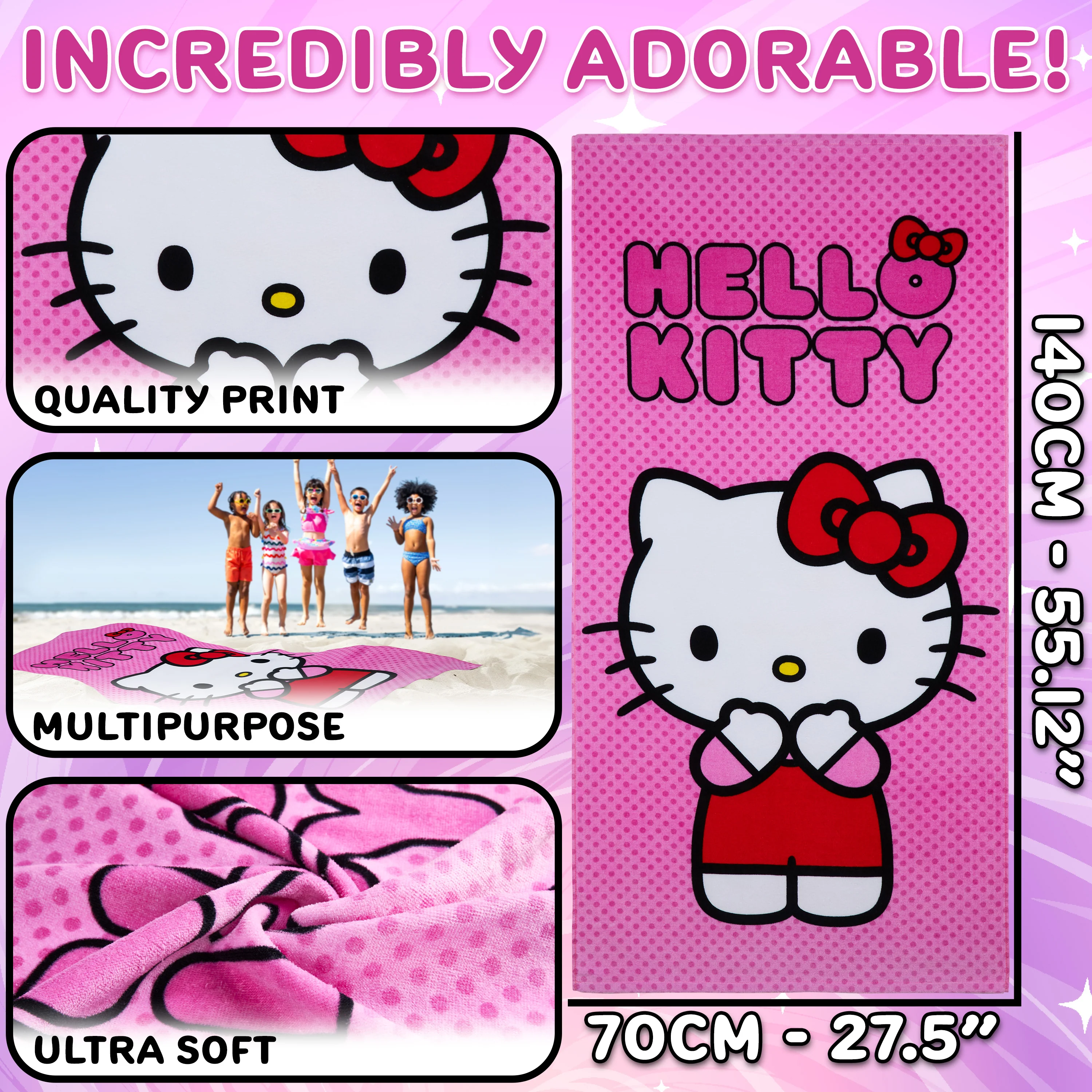 Hello Kitty Asciugamano Bambina Ragazza Donna Teli Mare Assorbente Asciugatura Rapida Kawaii Asciugamani da Bagno 140x70cm Anime Accessori Viaggio (Rosa, 70x140cm) - Image 6