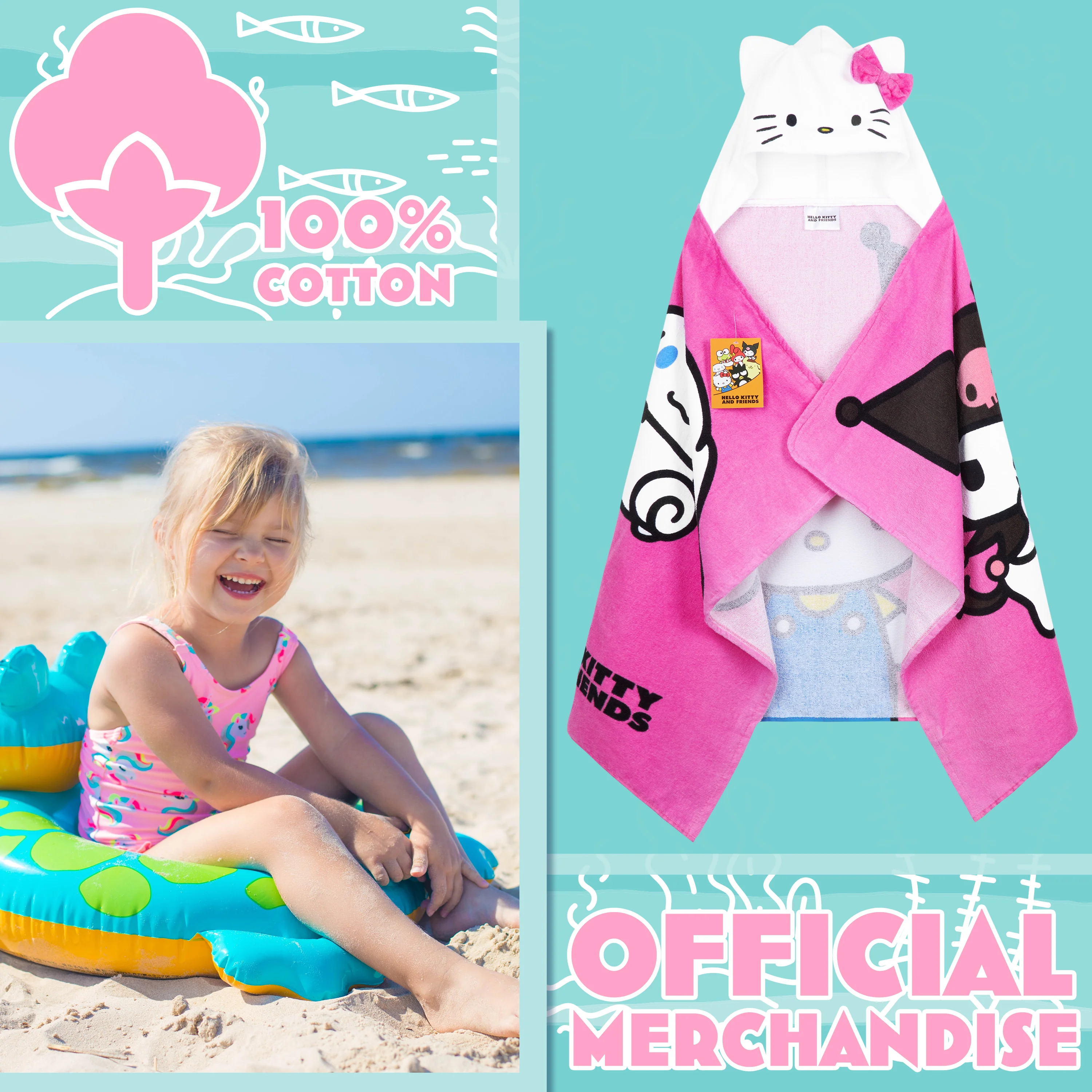 Hello Kitty Bath Towel with Hood for Kids Absorbent Kawaii Changing Robe Poncho Towel for Swimming Beach Towel Cinnamoroll Kuromi Holiday Essentials (Pink Towel Hello Kitty, 6-14 Years) - Image 3