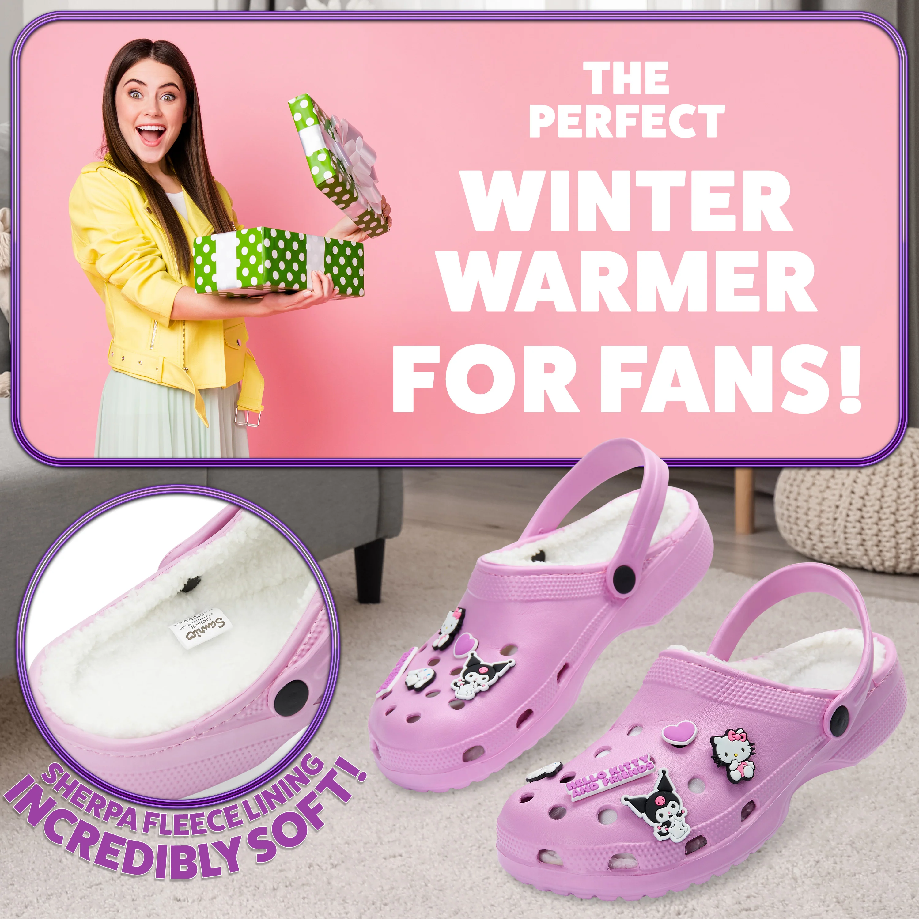 Hello Kitty Clogs Womens Teens Winter Fleece Lining & Removable Charms - Image 3