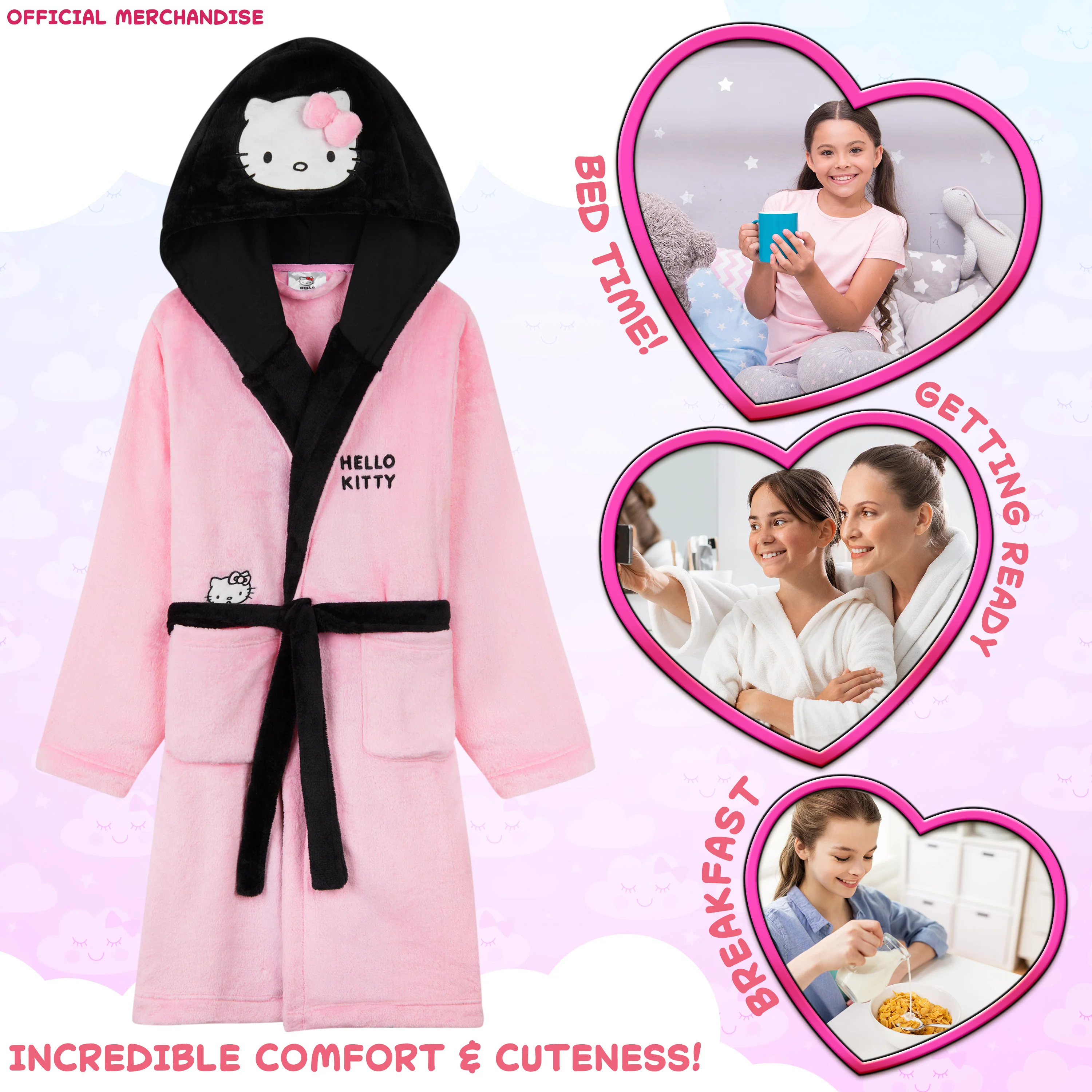 Hello Kitty Girls Fleece Dressing Gown with Hood Pockets Tie Waist, Cosy Robe - Gifts for Girls - Image 3