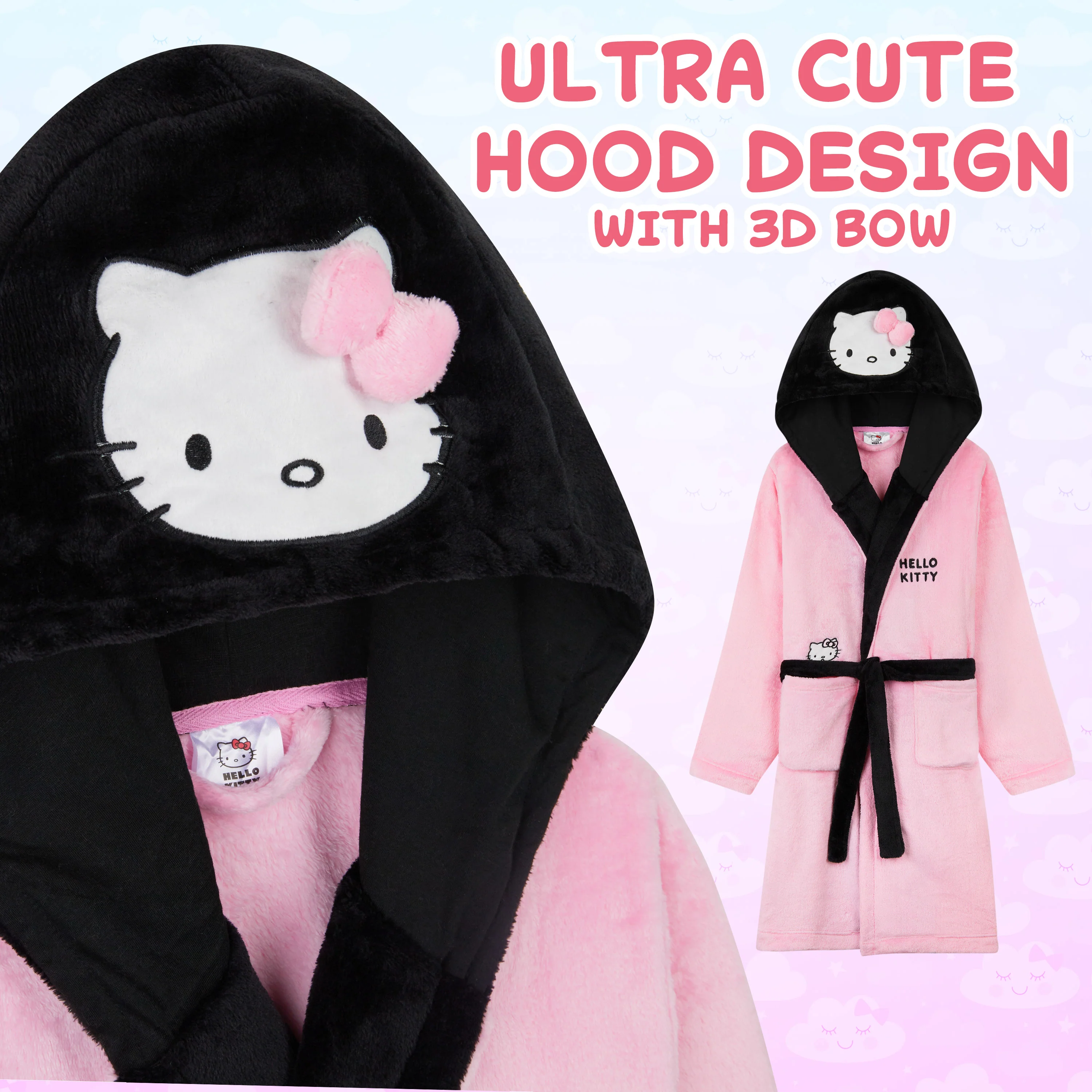 Hello Kitty Girls Fleece Dressing Gown with Hood Pockets Tie Waist, Cosy Robe - Gifts for Girls - Image 5