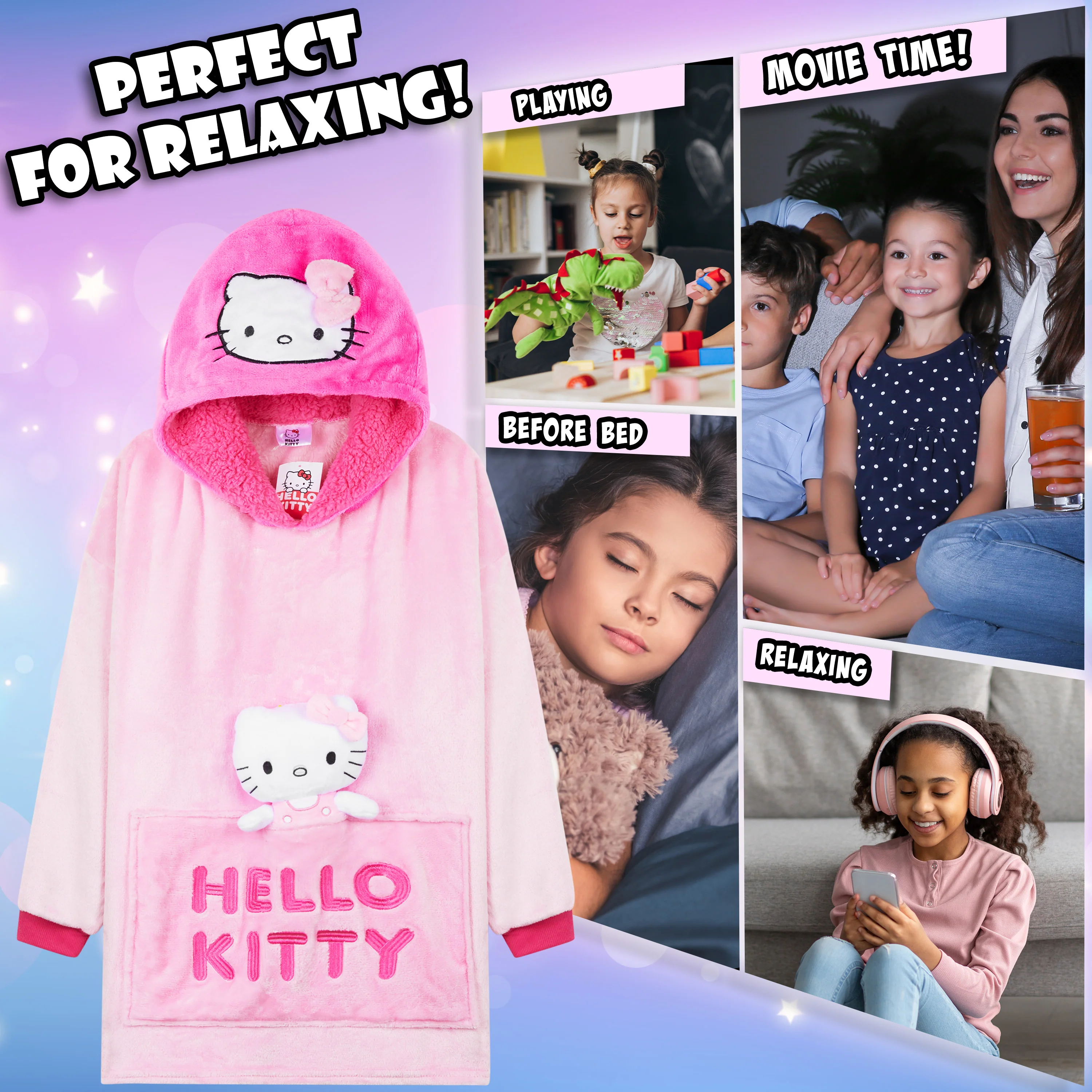 Hello Kitty Girls Fleece Hoodie Blanket with Attached Plush, Cosy Loungewear - Image 5