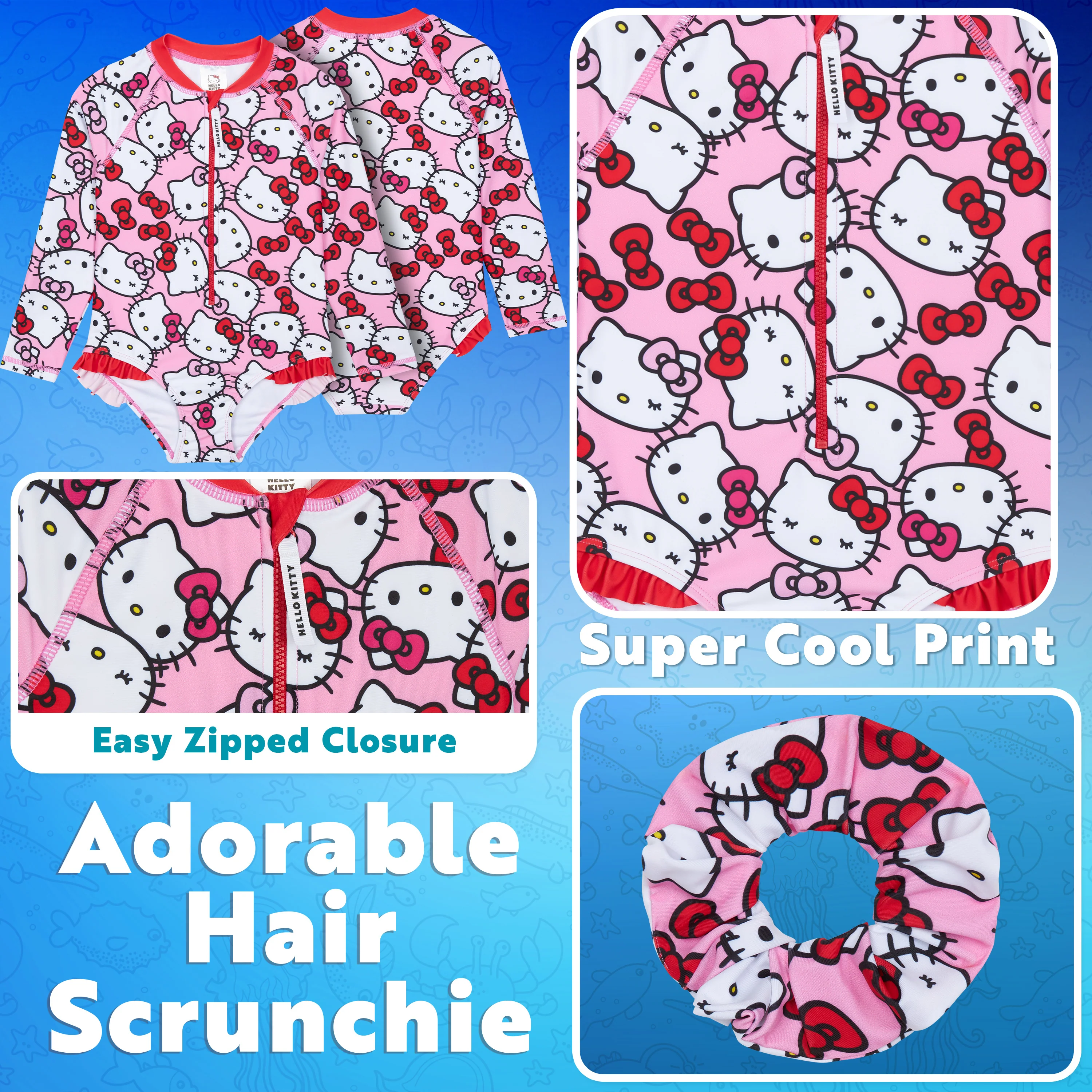 Hello Kitty Girls Swimming Costume Long Sleeve Kawaii Swimsuit with Hair Scrunchie One Piece for Kids Teens Swimwear for Pool Beach Holiday Essentials - Image 4