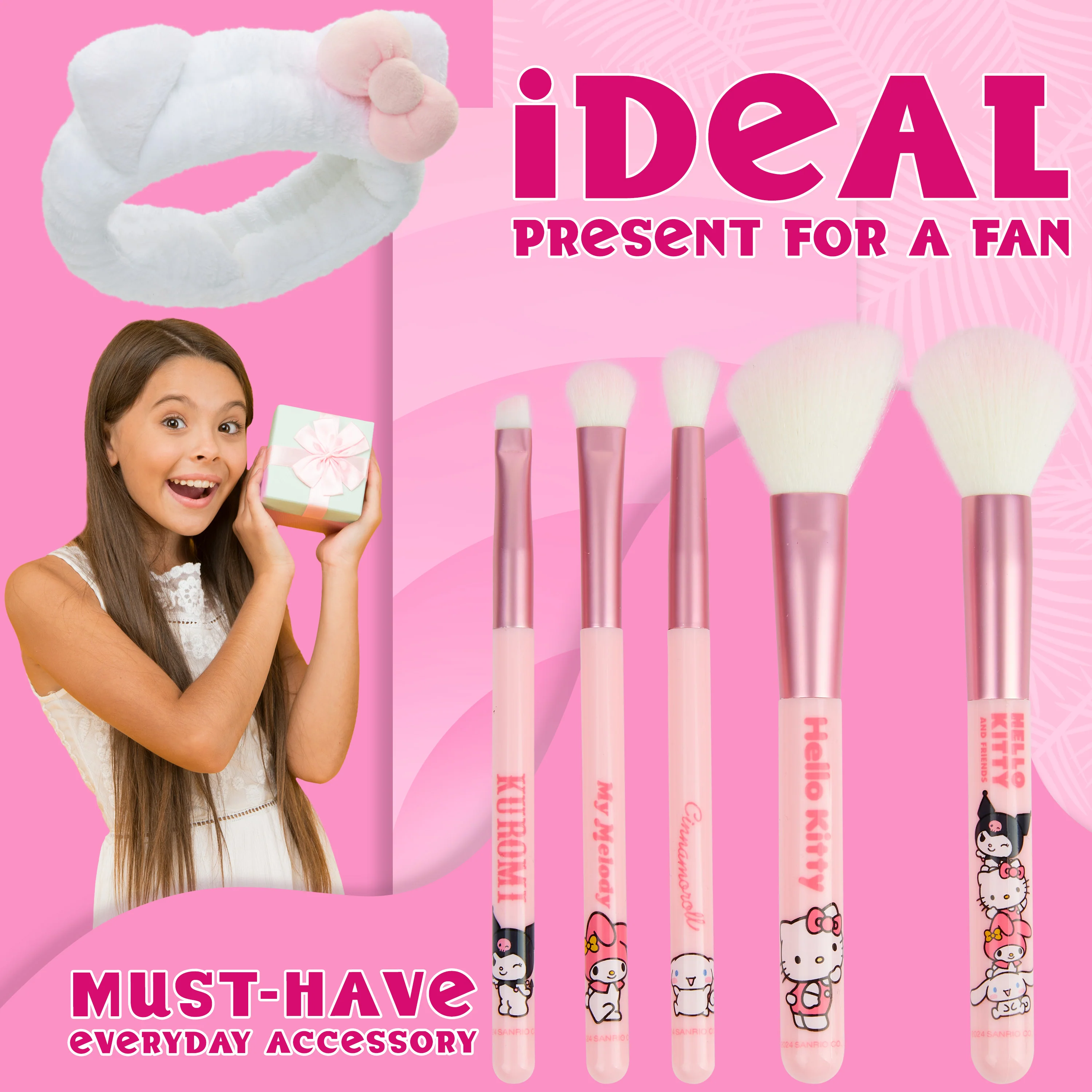 Hello Kitty Makeup Brush Set of 5 with Fluffy Headband - Gifts for Her - Image 3