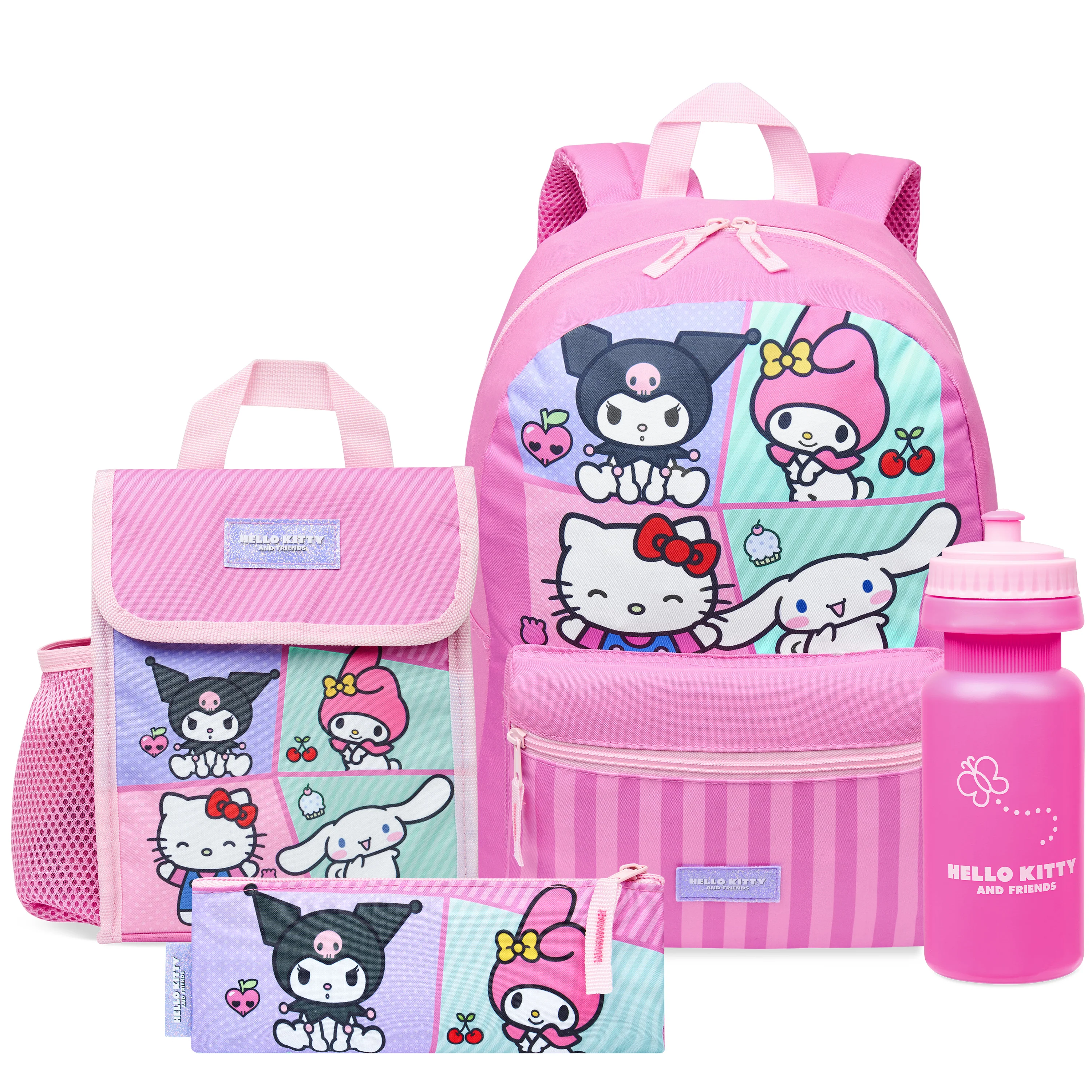 Hello Kitty Sanrio Backpack Set 4 Pcs Girls Water Bottle Pencil Case Insulated Lunch Bag