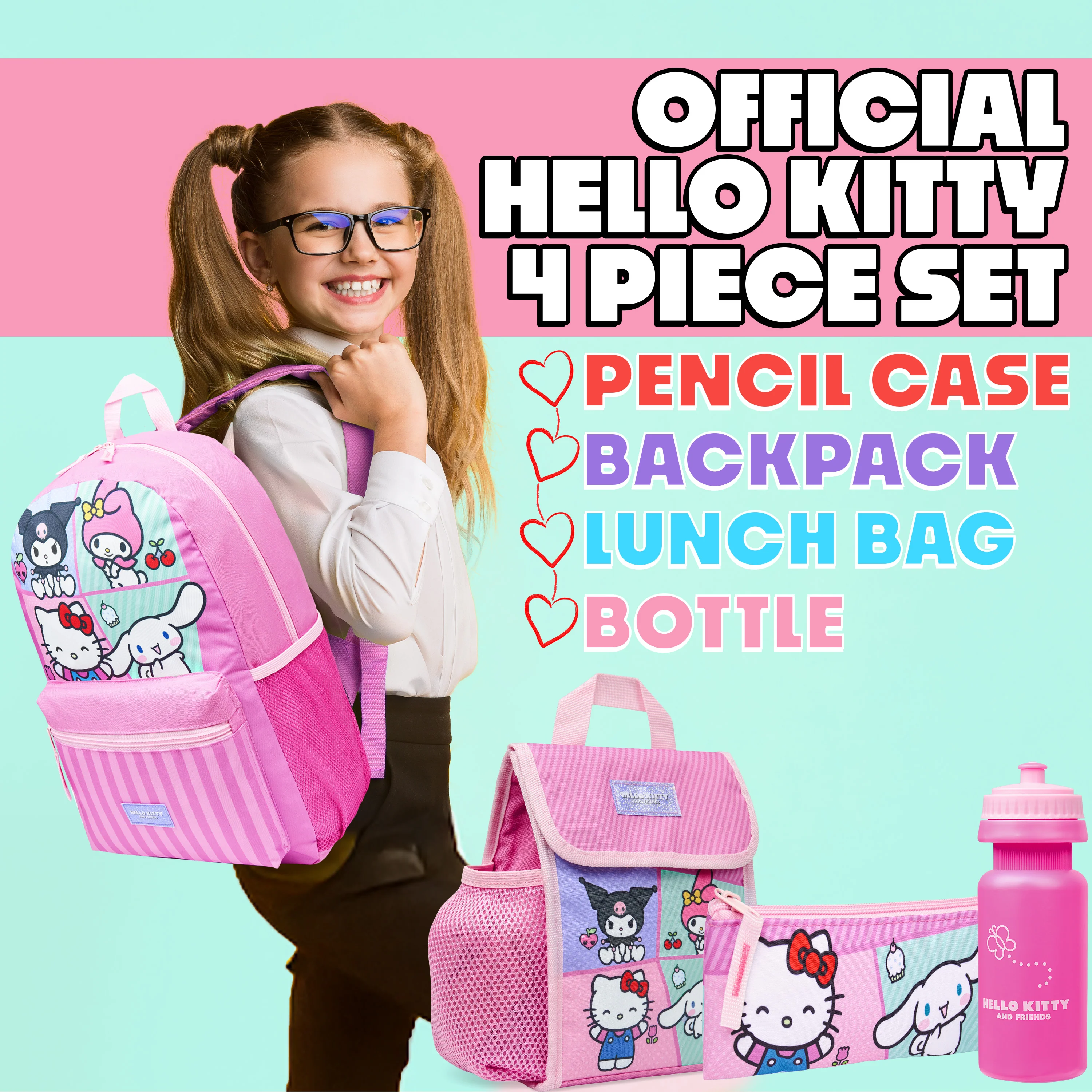 Hello Kitty Sanrio Backpack Set 4 Pcs Girls Water Bottle Pencil Case Insulated Lunch Bag - Image 2